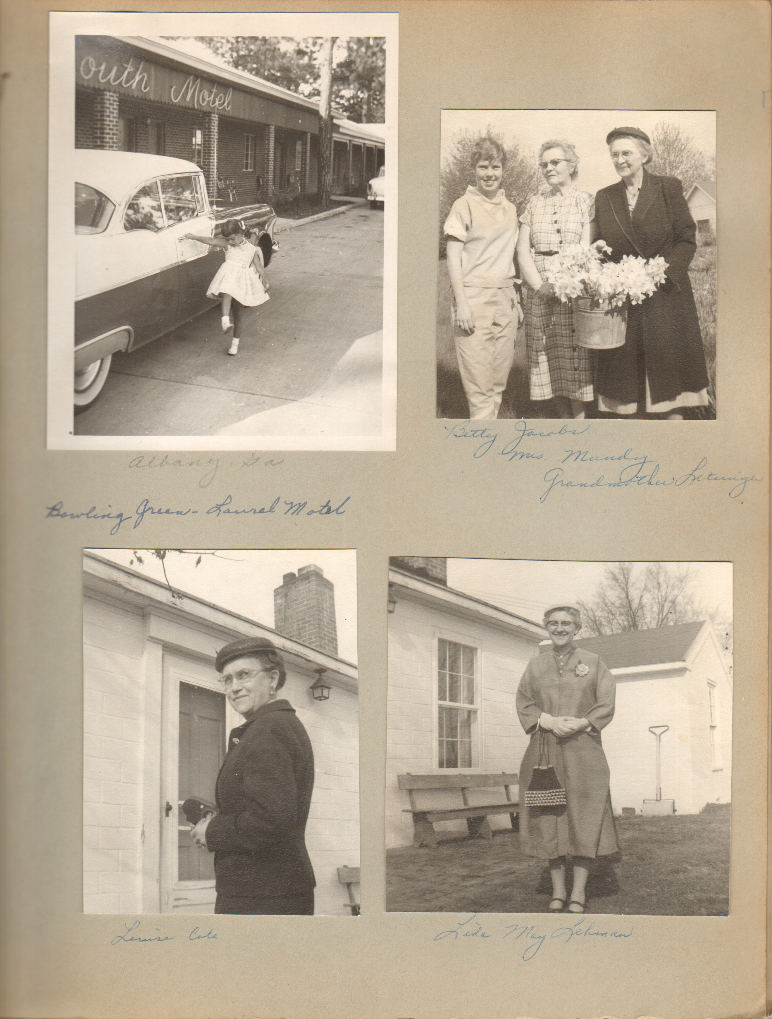 Susan by car Albany Georgia motel. Bowling green - Laurel Motel. Betty Jacobs, Mrs Mundy, Vonnie Letsinger. Louise Cole. Lida May Lehman.