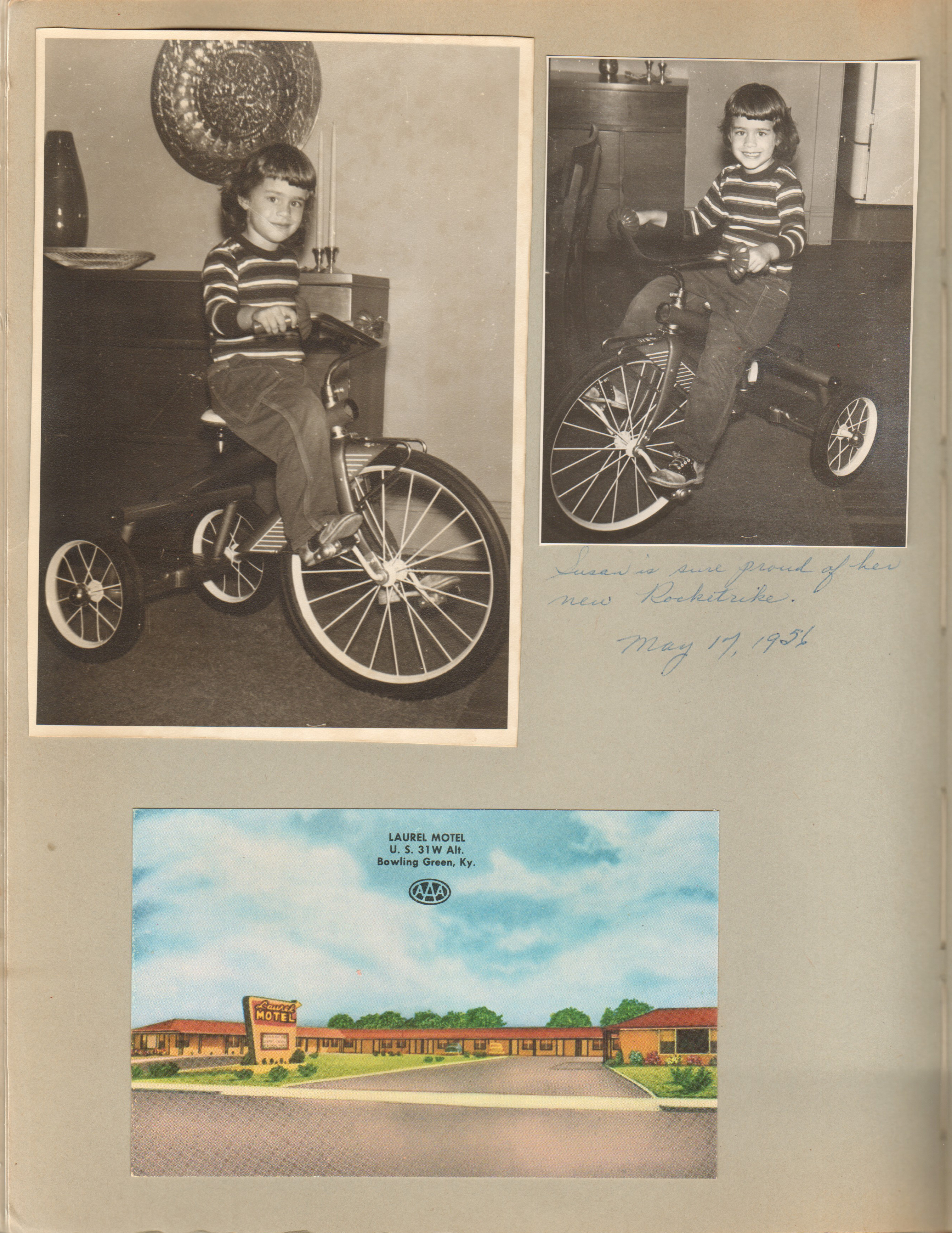 6122 dining room - Susan with new Rocketrike. Laurel Motel postcard