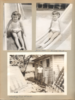 Susan on slide at Riviera Club. Wrecking crew at work removing old garage 6122