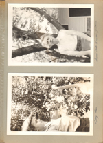 Susan in yard with plastic lawn flamingo. Susan took picture of Louise Williams