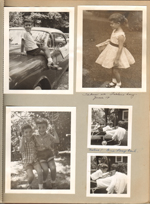 Susan on hood of car. Fathers Day. One pony tail
