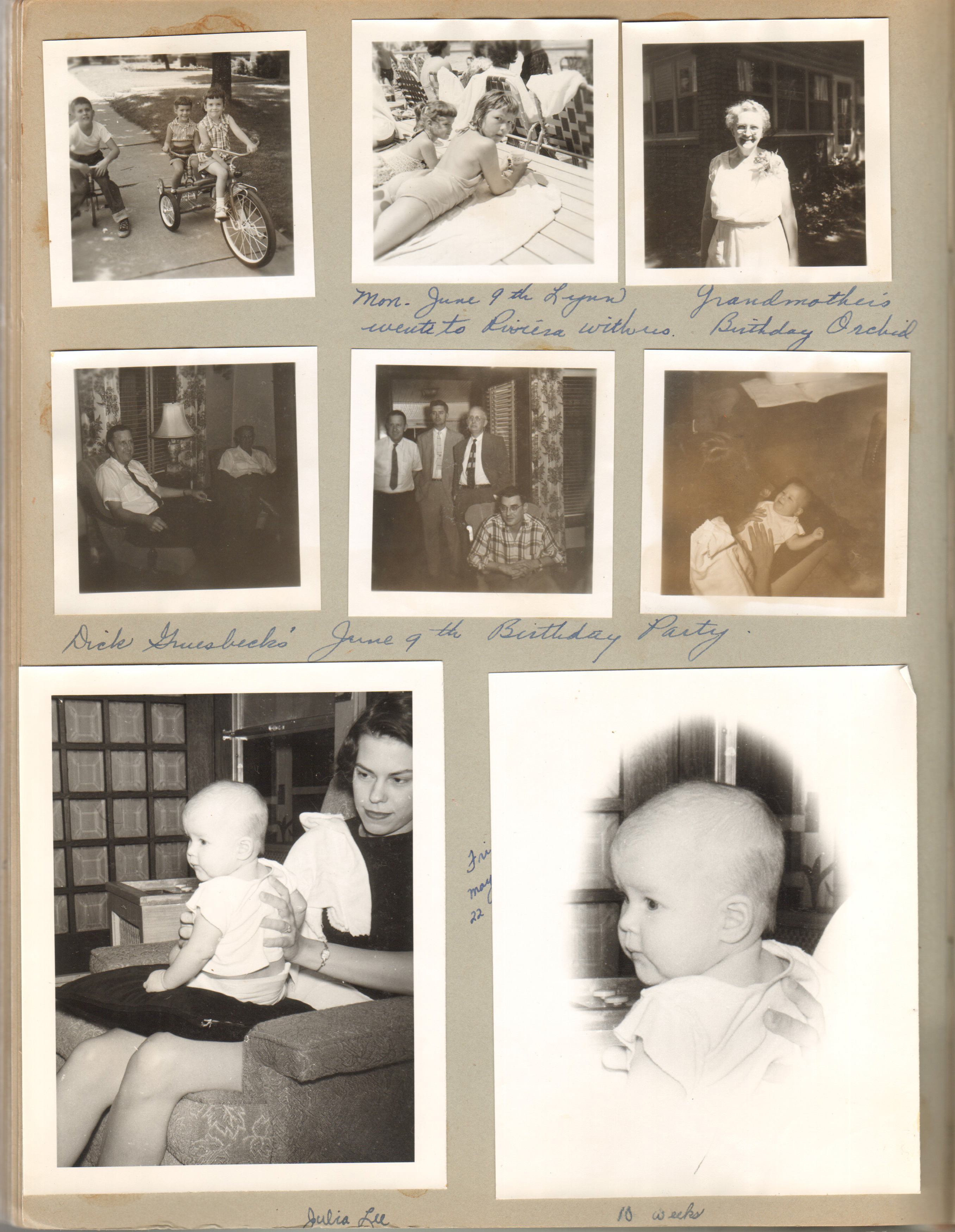 Riding trikes. Lynn went to Riviera Club with us. Vonnie's birthday orchid. Dick Gruesbeck's birthday. Julia Lee at 6122