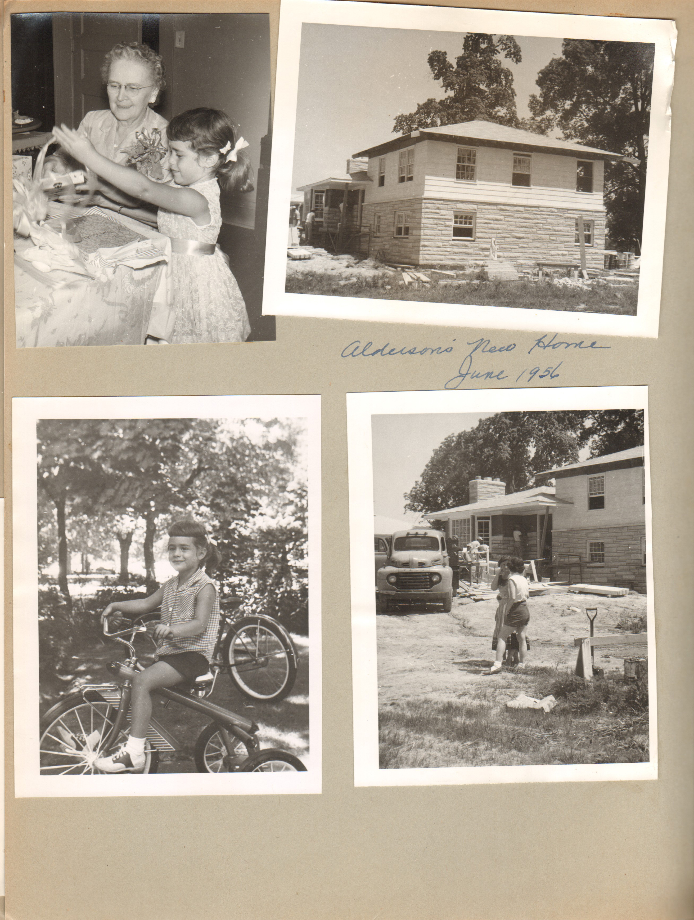 Vonnie birthday with Susan. Alderson's new home June 1956. Susan on trike.