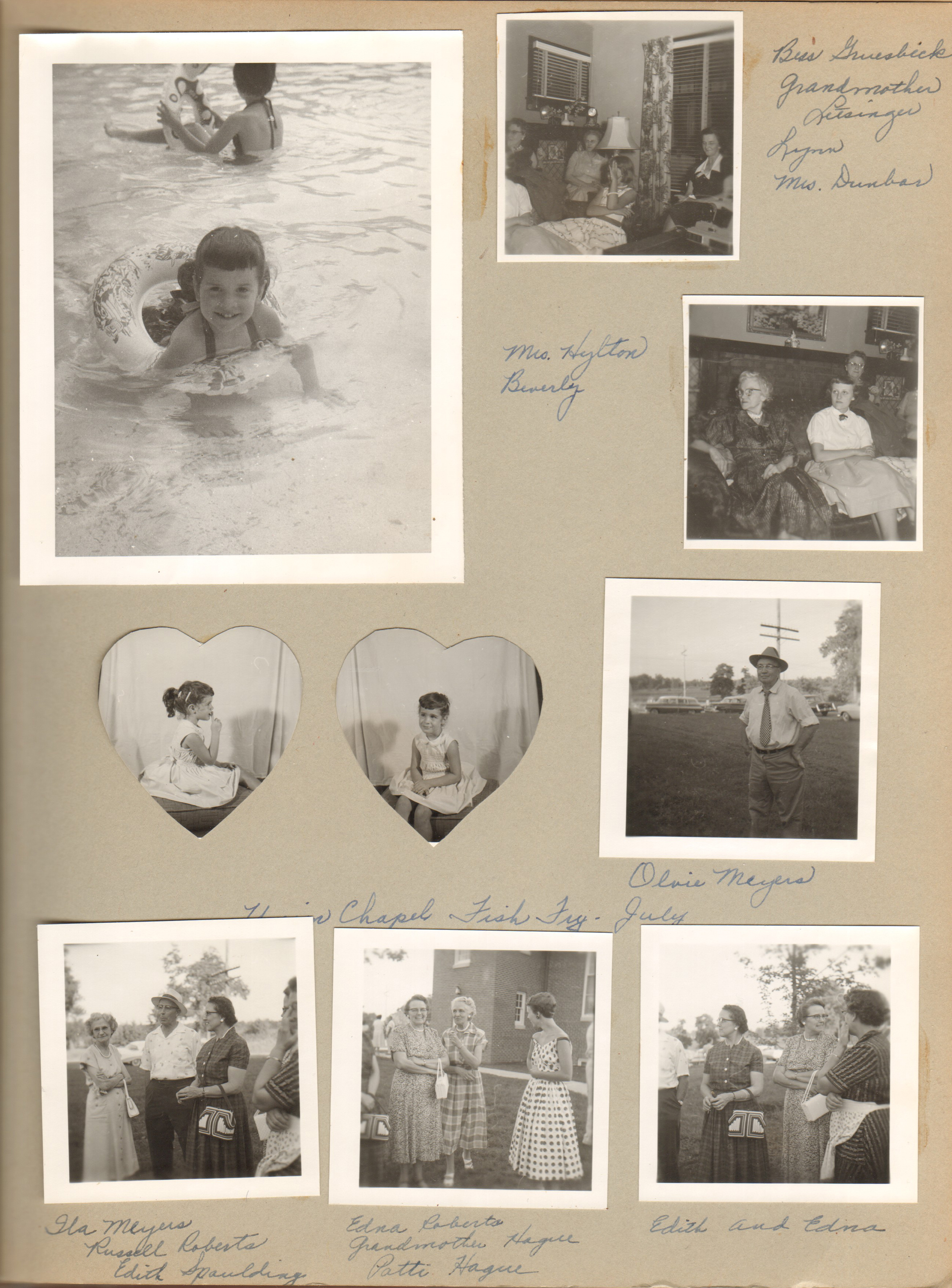 Bess Gruesbeck, Vonnie Letsinger, Lynn, Mrs Dunbar. Mrs Hylton, Beverly. Union Chapel Fish Fry - Olvie Meyers. Ila Meyers, Russell Roberts, Edith Spaulding. Edna Roberts, Helen Hague, Patti Hague. Edith and Edna.