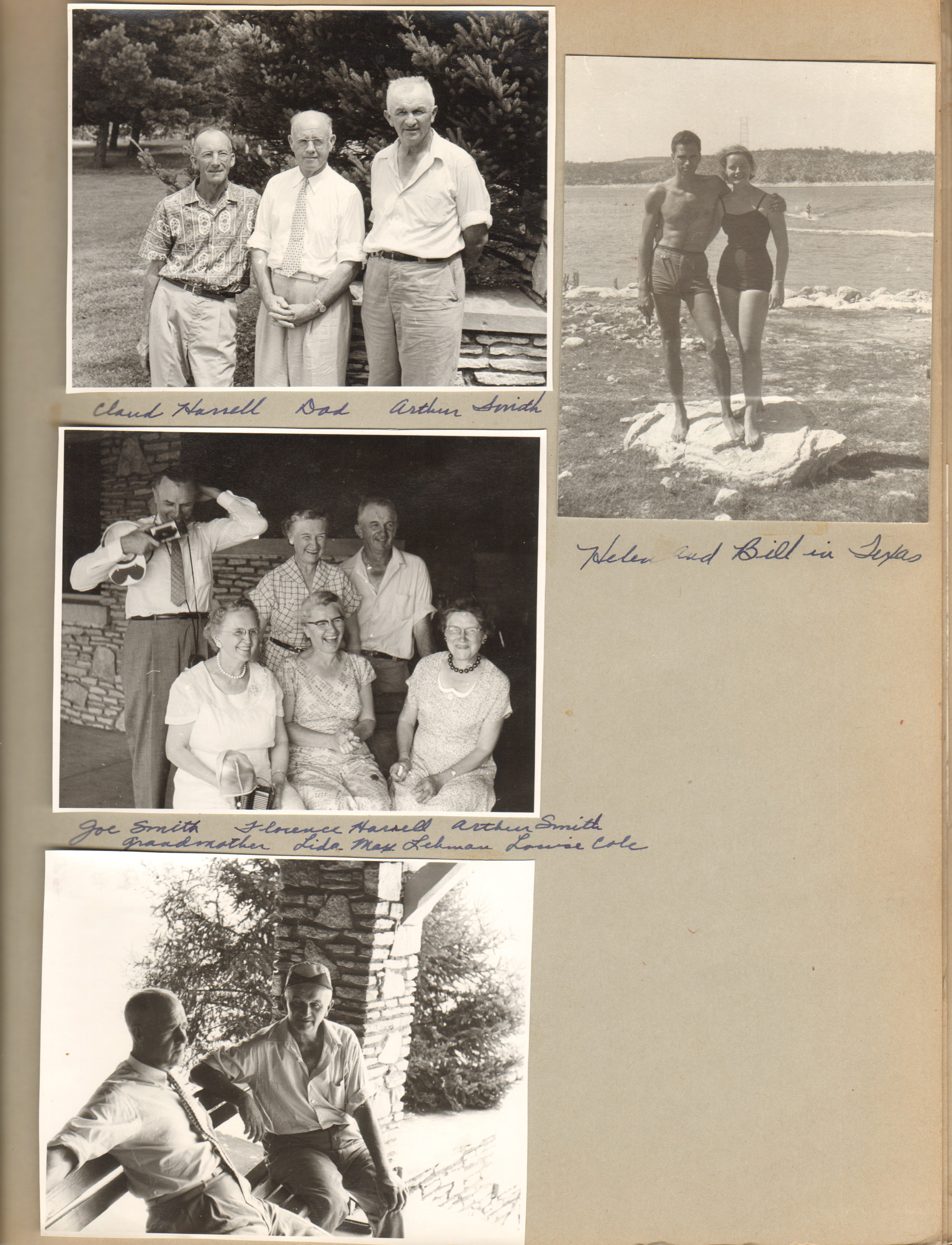 Draper Reunion Bedford - Claud Harrell, Curt, Arthur Smith. Joe Smith, Florence Harrell, Arthur Smith, Vonnie, Lida May Lehman, Louise Cole. Helen and Bill in Texas