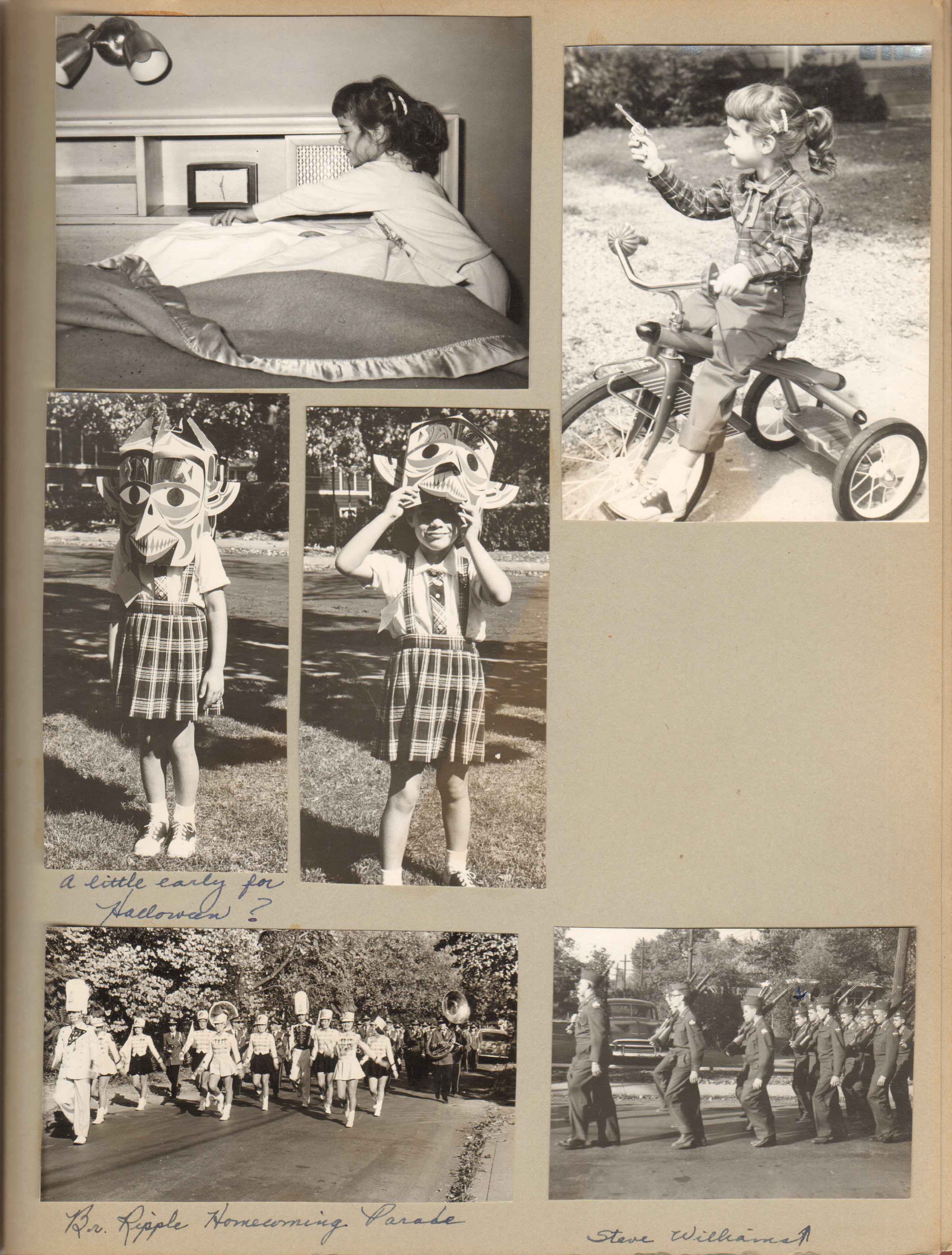 Susan 6122 bedroom. Susan mask in front yard. On Trike. BRHS Homecoming parade. Steve Williams.