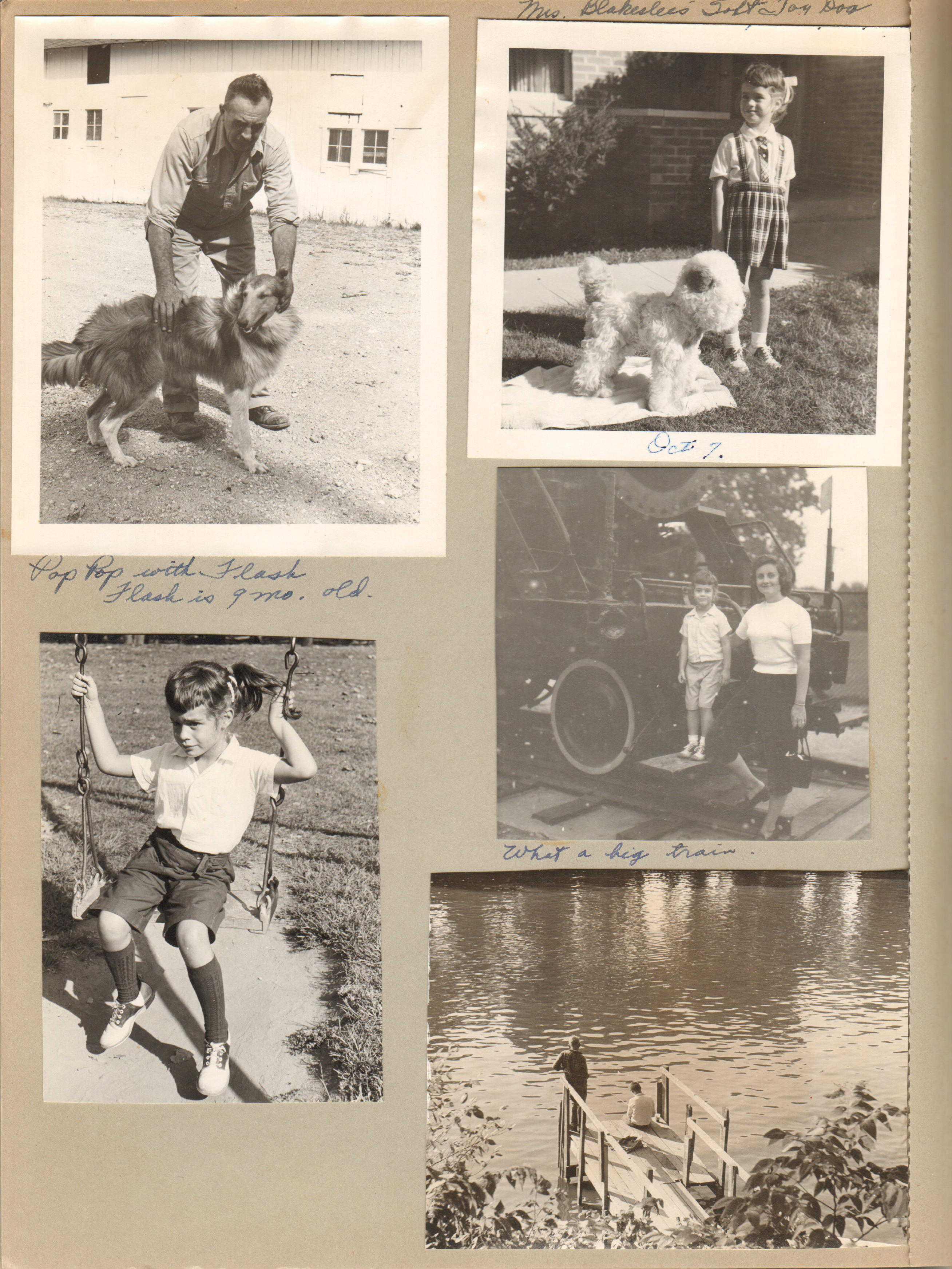 Girstle with Flash at 8815 Haverstick. Susan with stuffed dog. Susan Rosemary at BR Park Nickel Plate locomotive