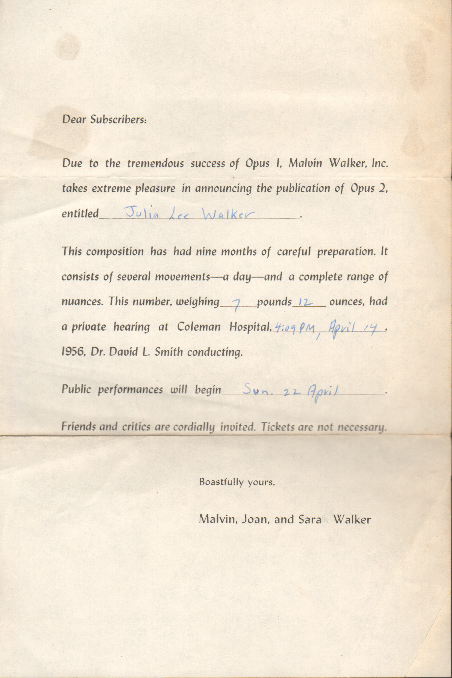 Julia Walker birth announcement