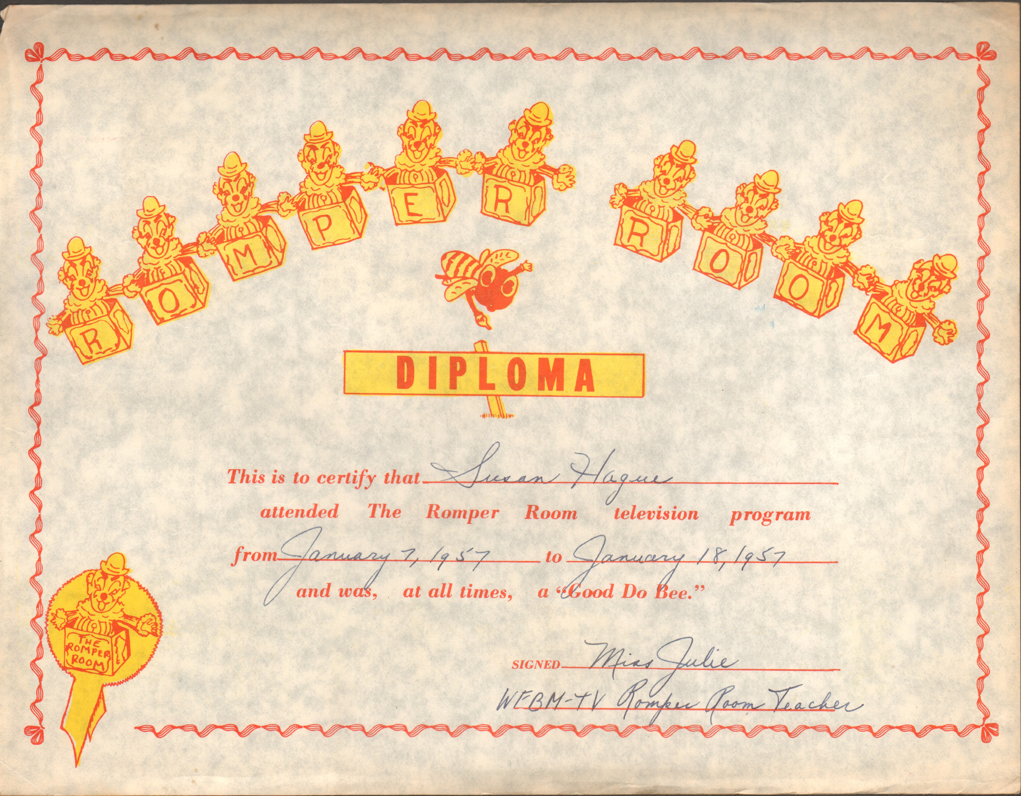 Romper Room diploma Susan
