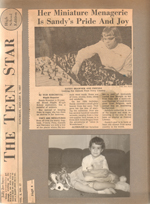 The Teen Star - Sandy Brawner miniature animal collection. Susan on sofa with stuffed animals.