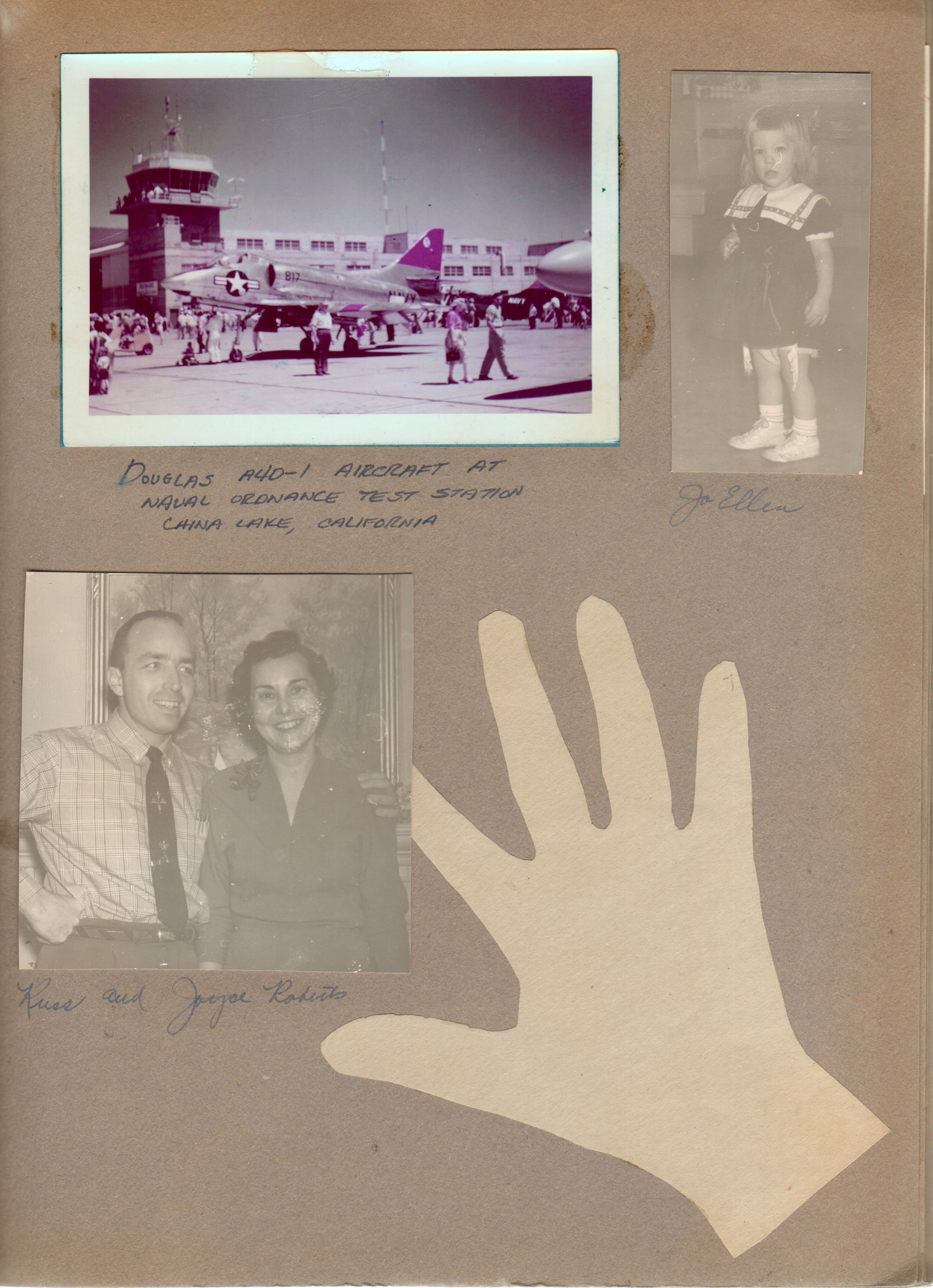 Douglas A40-1 aircraft at Naval Ordinance Test Station - China Lake, California. Jo Ellen. Russ and Joyce Roberts. Hand silhouette.