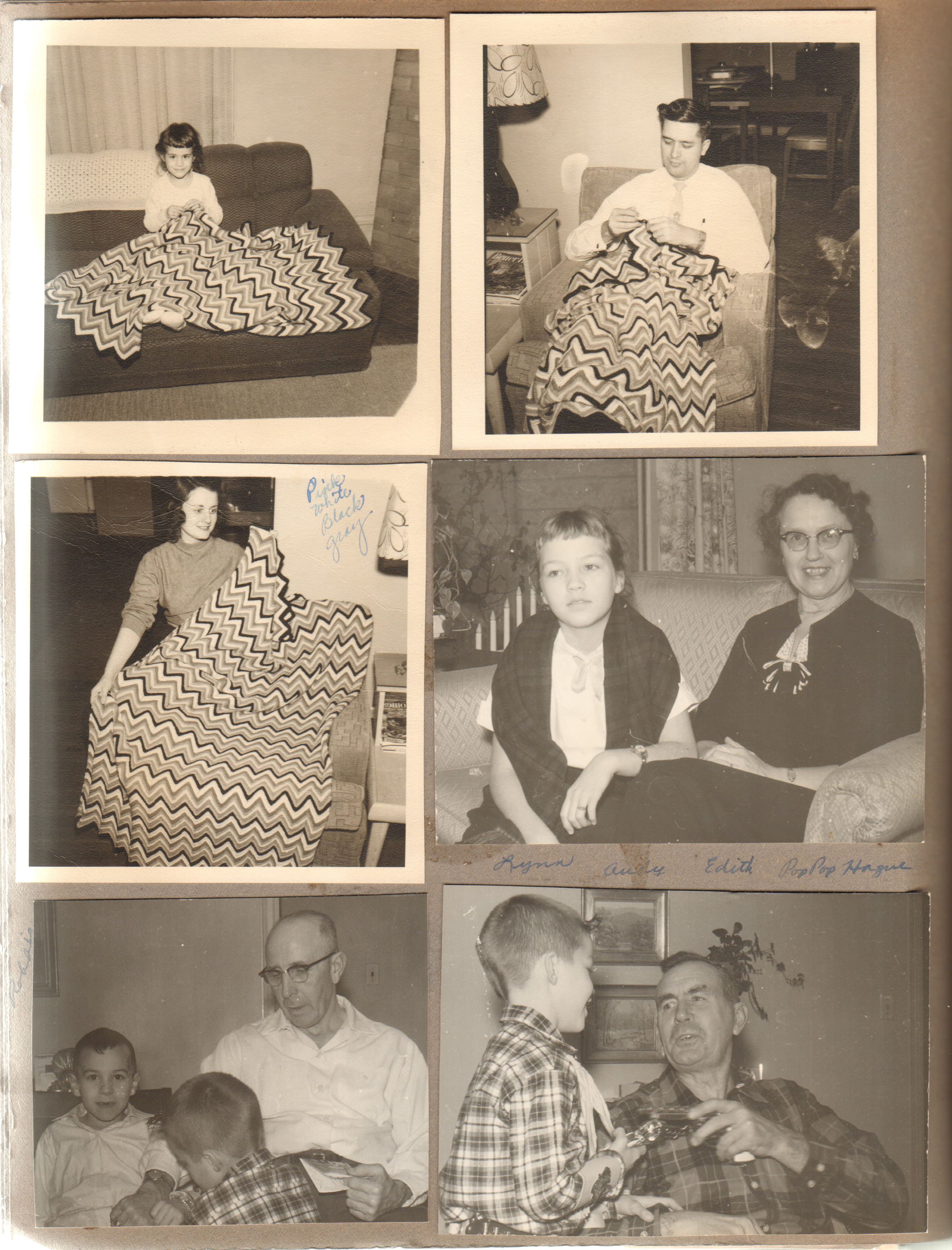 6122 living room Susan, Rosemary and John with mom's afghan. Lynn, Edith. Russell. Andy, Girstle Hague.