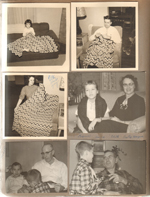 6122 living room Susan, Rosemary and John with mom's afghan. Lynn, Edith. Russell. Andy, Girstle Hague.