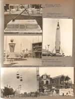 Disneyland - pirate ship anchor. Tomorrowland clock, Rocket to the Moon. Skyway ride and station.