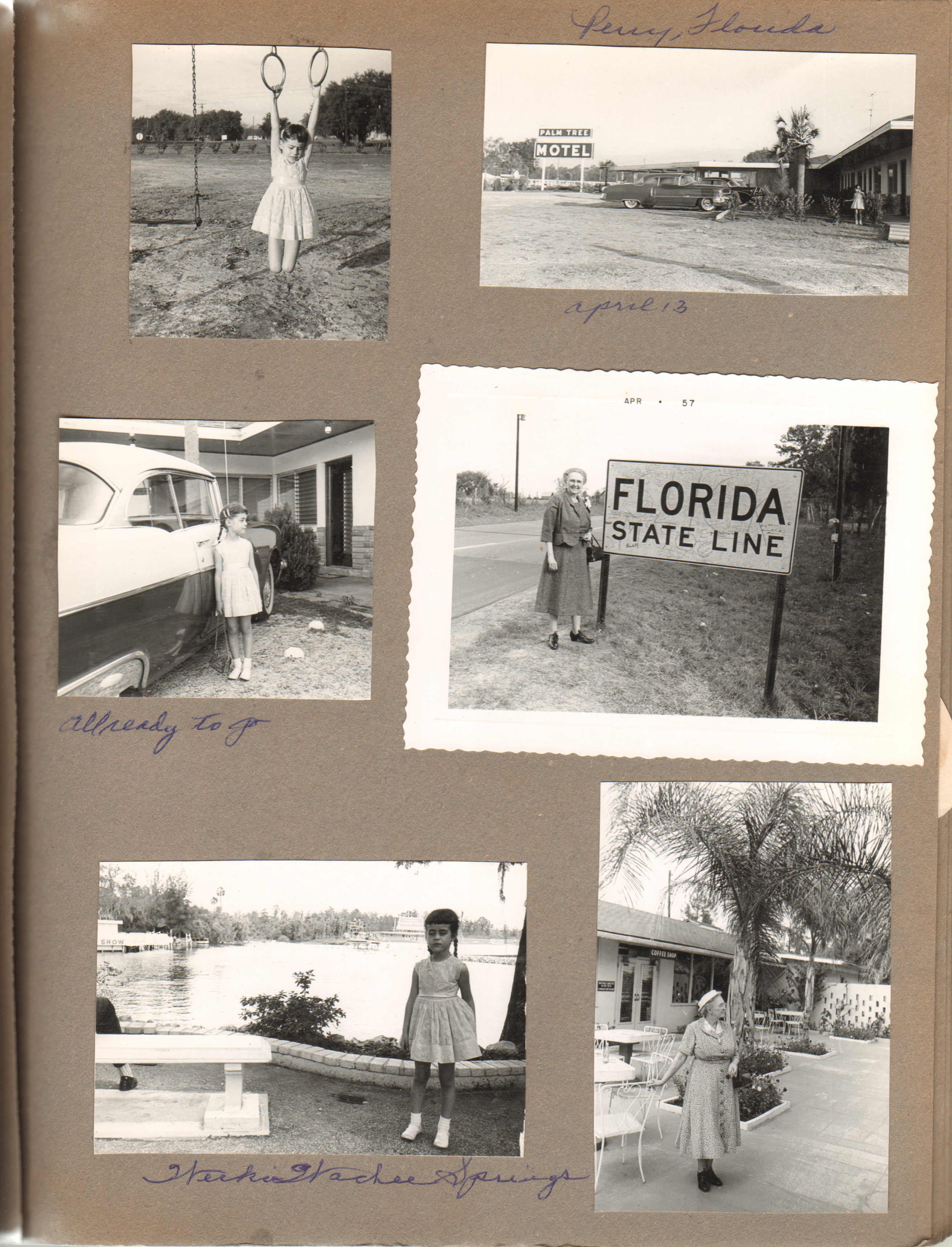 Perry, Florida. Susan playground. Susan at car. Weeki Wachee Springs. Vonnie Florida state line