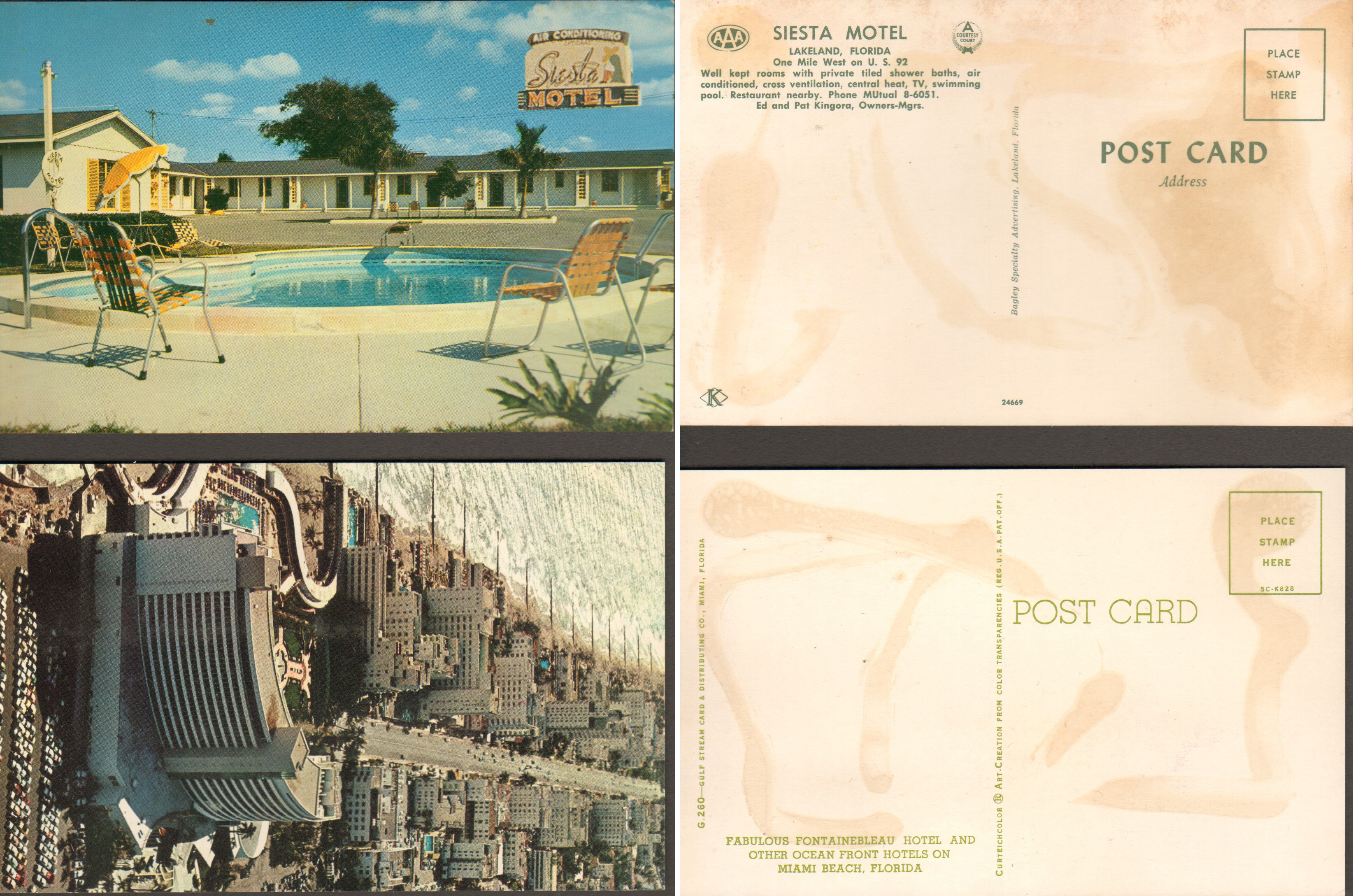Postcards - Siesta Motel - Lakeland, Florida. Fontainebleau Hotel - Miami Beach, Florida.