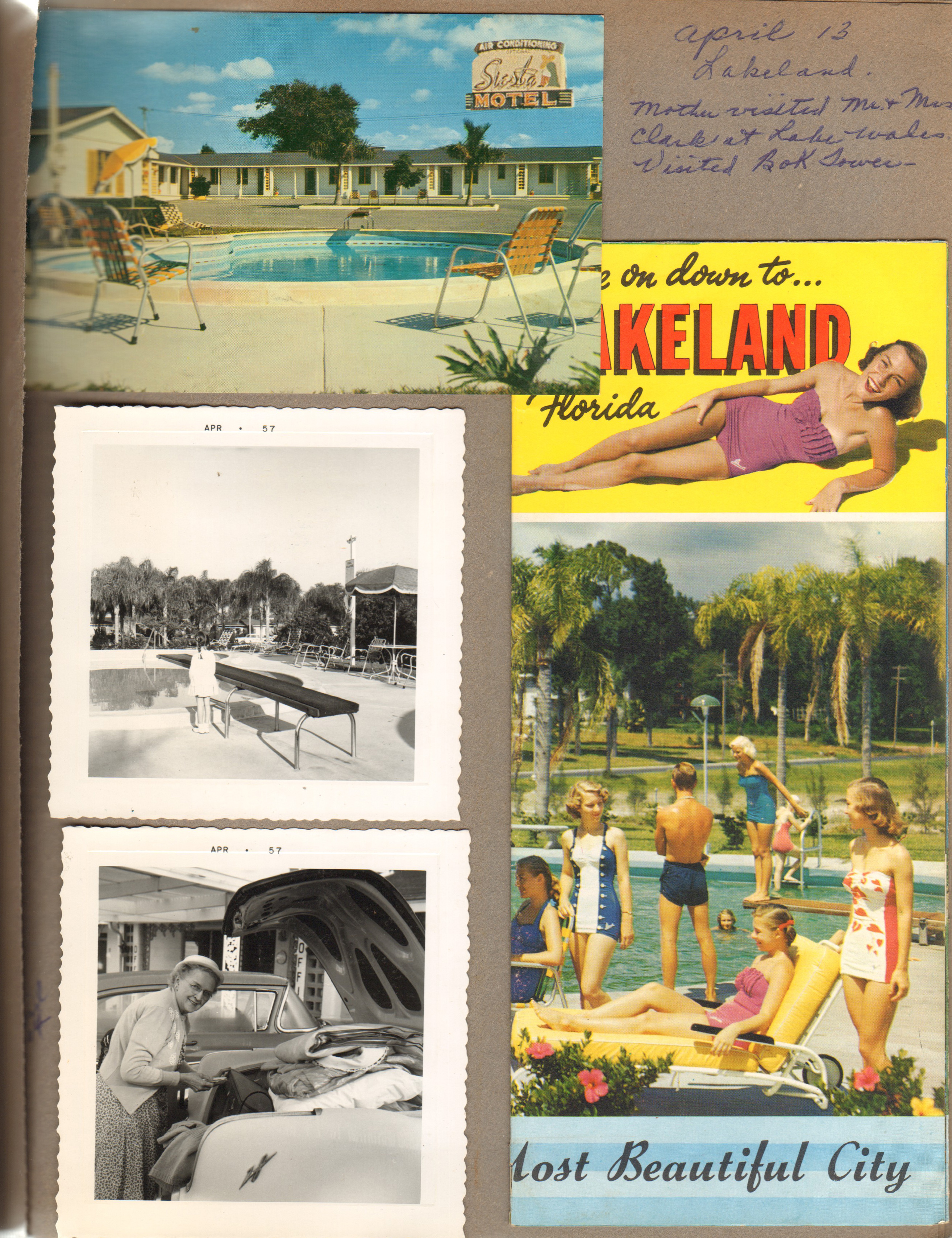 April 13 - Lakeland. Mother visited Mr & Mrs. Clark at Lake Wales. Visited Bok Tower. Vonnie at car. Postcard Siesta Motel. Lakeland brochure.
