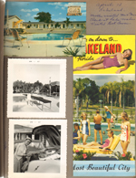 April 13 - Lakeland. Mother visited Mr & Mrs. Clark at Lake Wales. Visited Bok Tower. Vonnie at car. Postcard Siesta Motel. Lakeland brochure.
