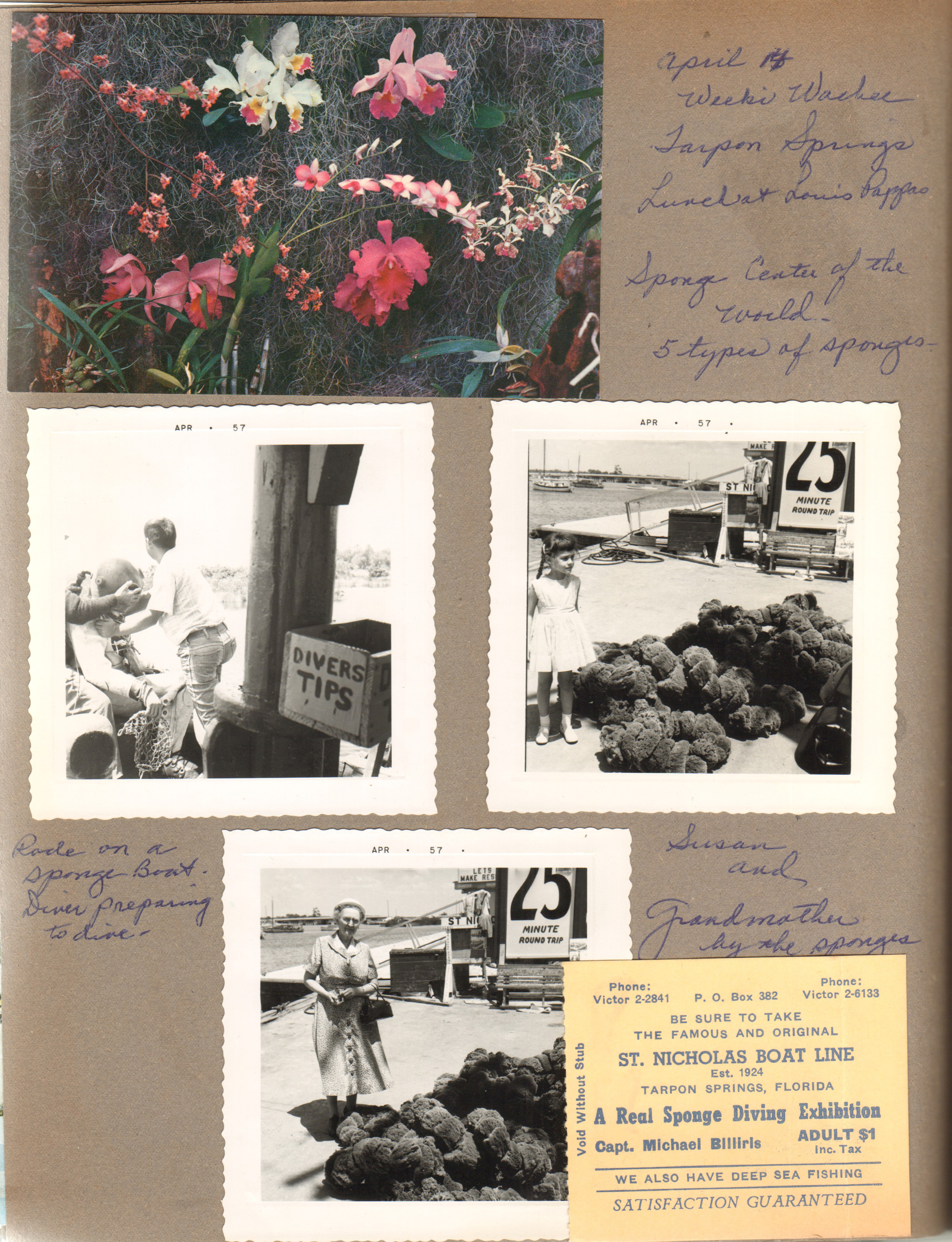 April 14 - Weeki Wachee, Tarpon Springs, lunch at Louis Pappas. Sponge center of the world. postcard flowers. Susan and Vonnie by sponges. St Nicholas Boat Line ticket.