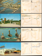 postcard - Air View Bahia Mar Ft Lauderdale. Bamboo Court Ft Pierce. Pelicans. World Famous Hofbrau Haus Hallandale Florida.
