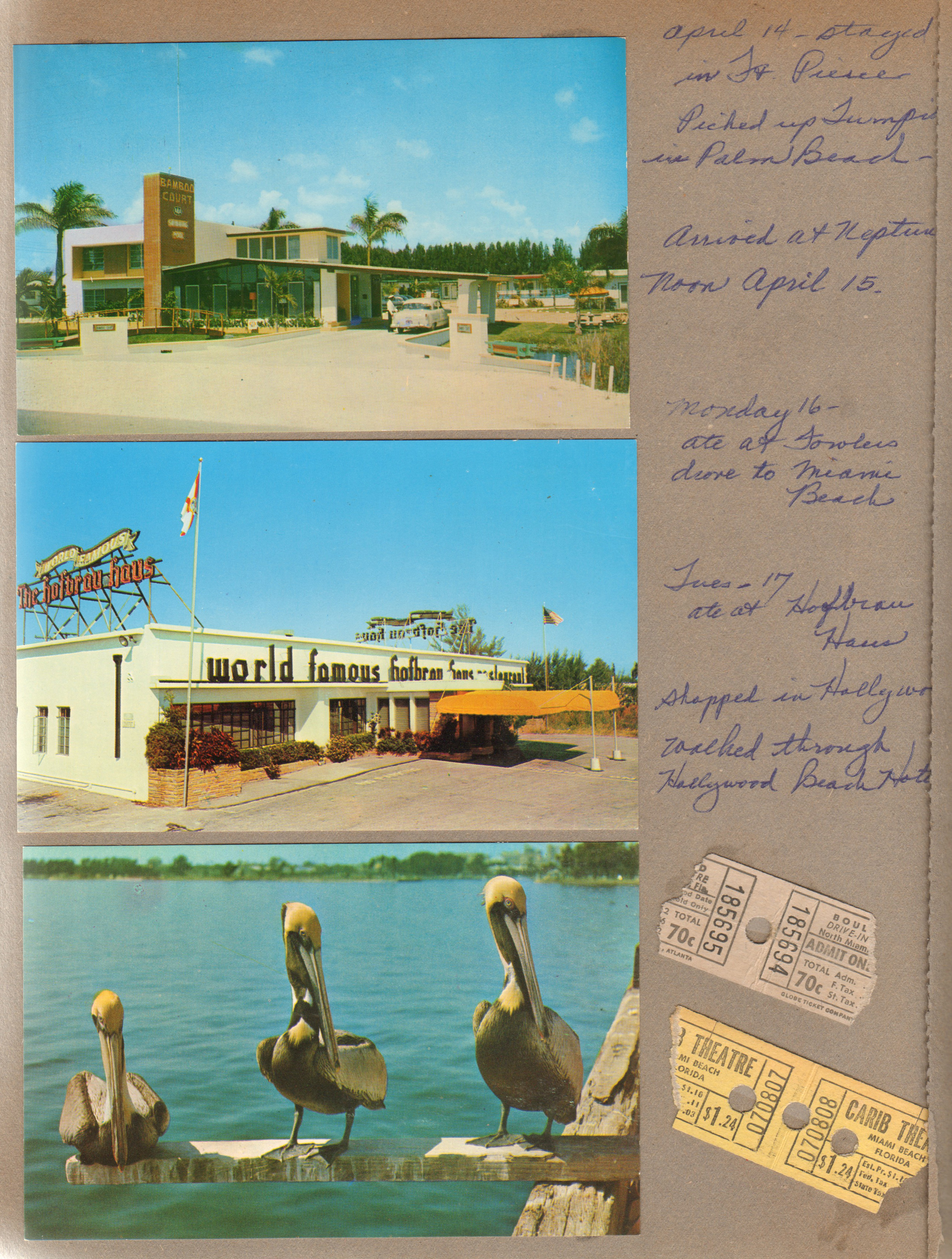 Postcards - Bamboo Court, Hofbrau restaurant, Pelicans. Carib Theatre tickets Miami Beach. Boulevard Drive In Theatre tickets North Miami Beach
