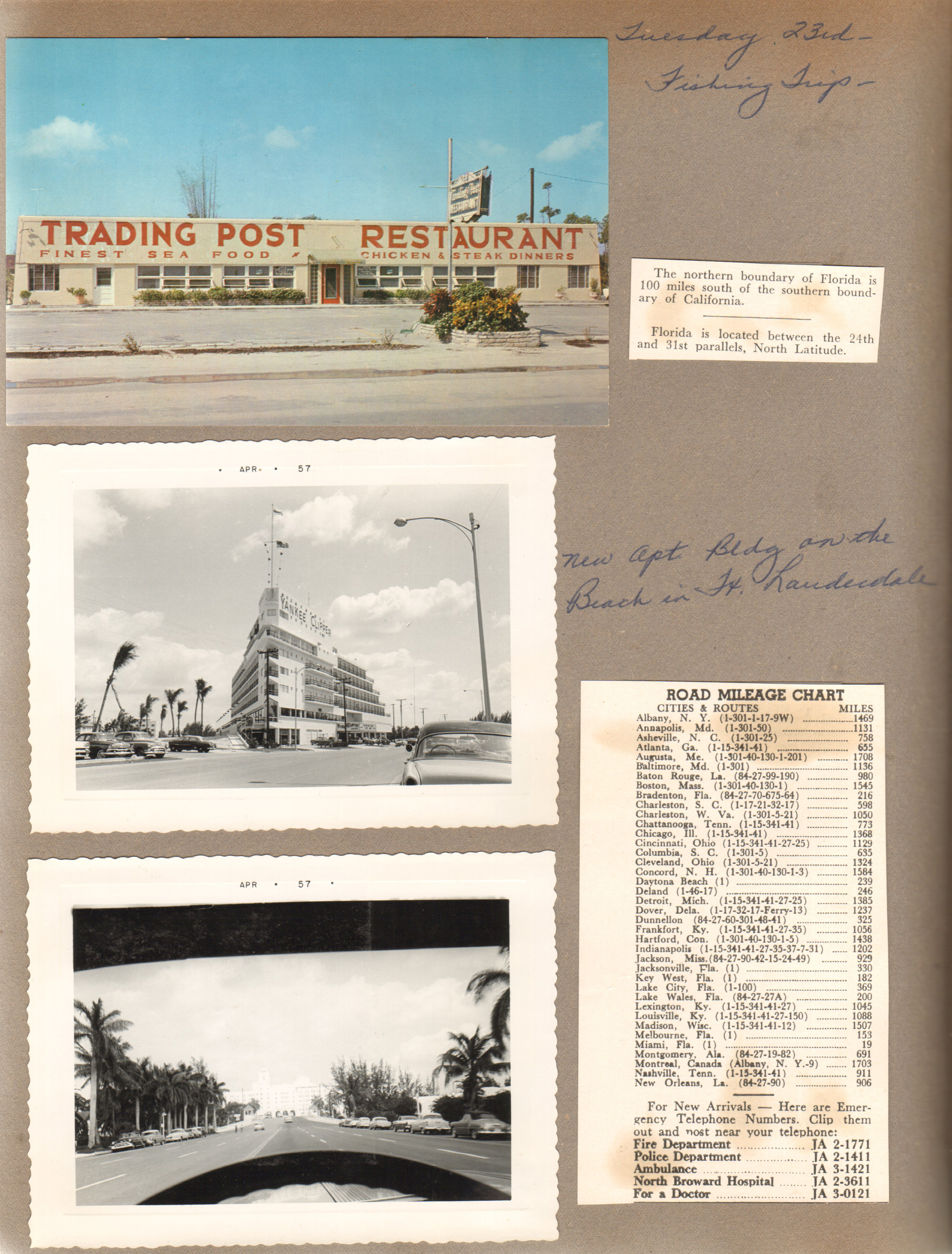 Postcard Trading Post Restaurant. New Yankee Clipper apartments in Ft Lauderdale. Road mileage chart