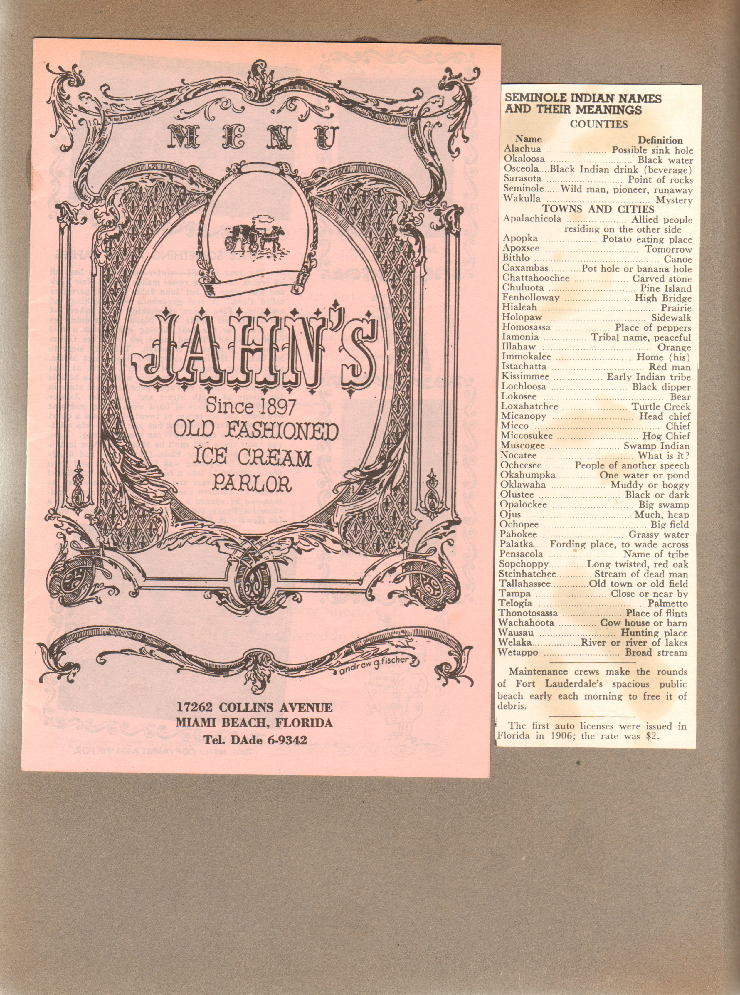 Jahn's Old Fashioned Ice Cream Parlor, Miami, menu. Seminole Indian names and their meanings