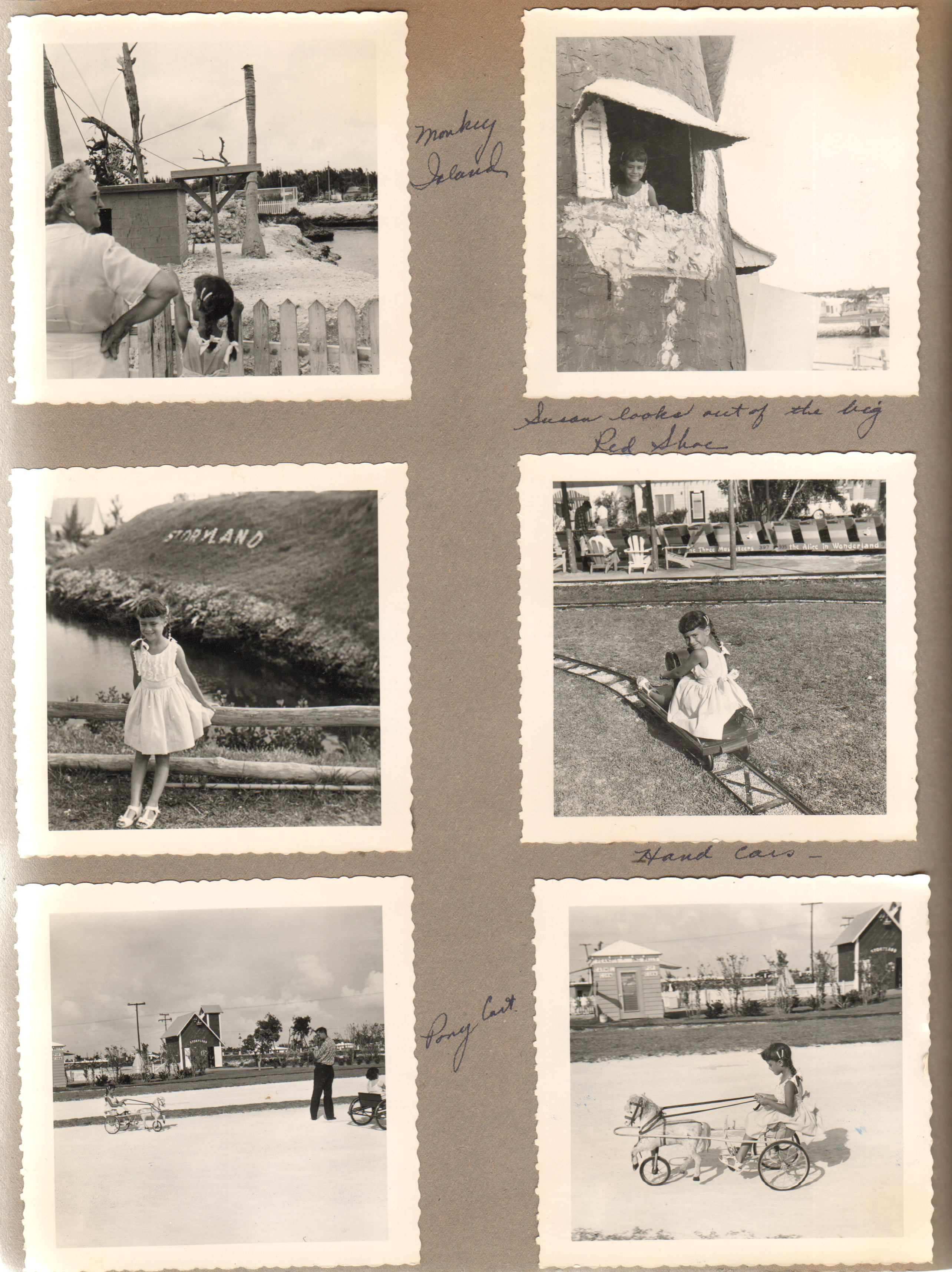 Monkey Island - Vonnie and Susan. Susan in the Big Red Shoe - Storyland. Hand cars. Pony cart - Susan John