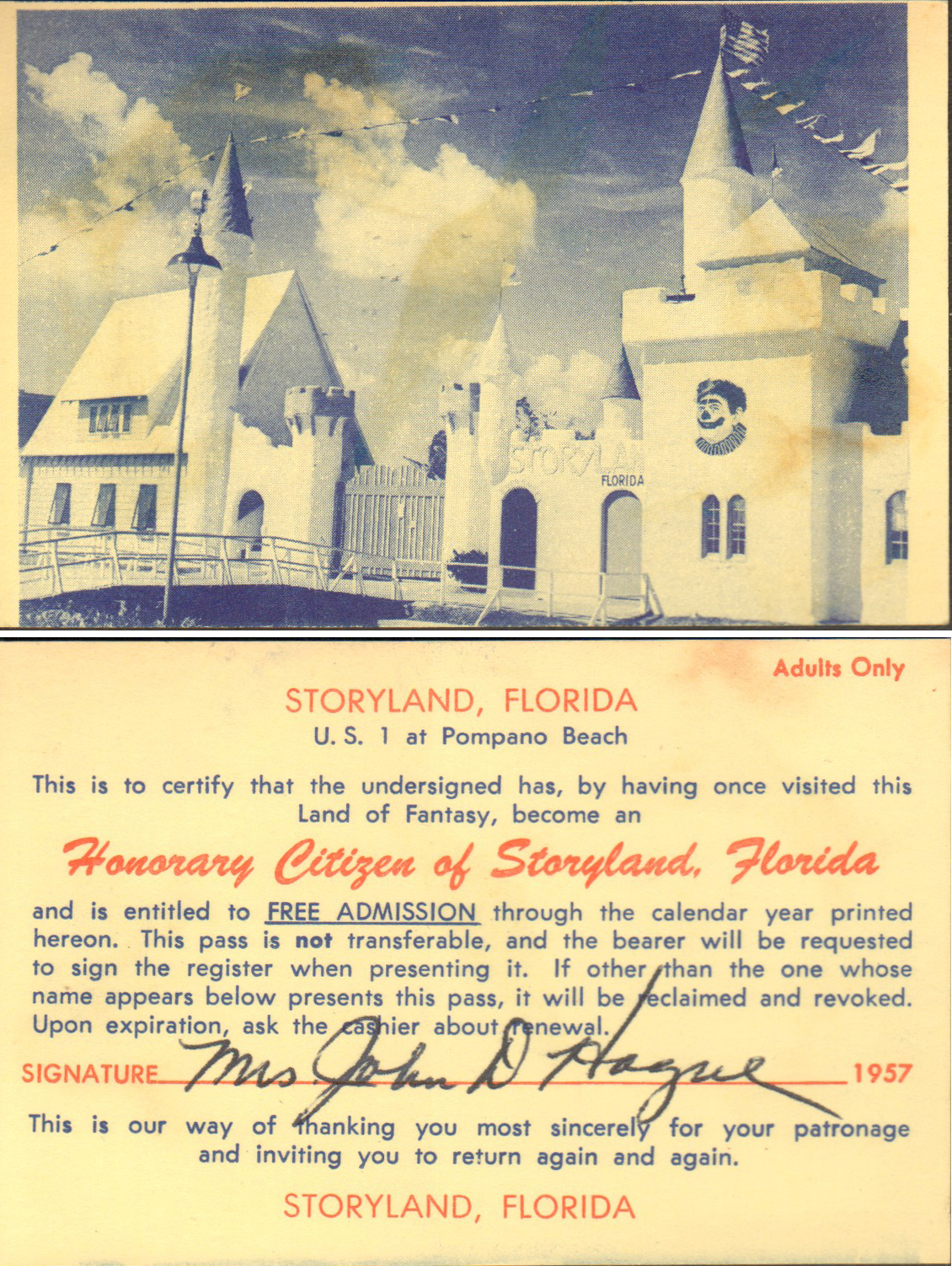 Storyland Florida honorary citizen ticket