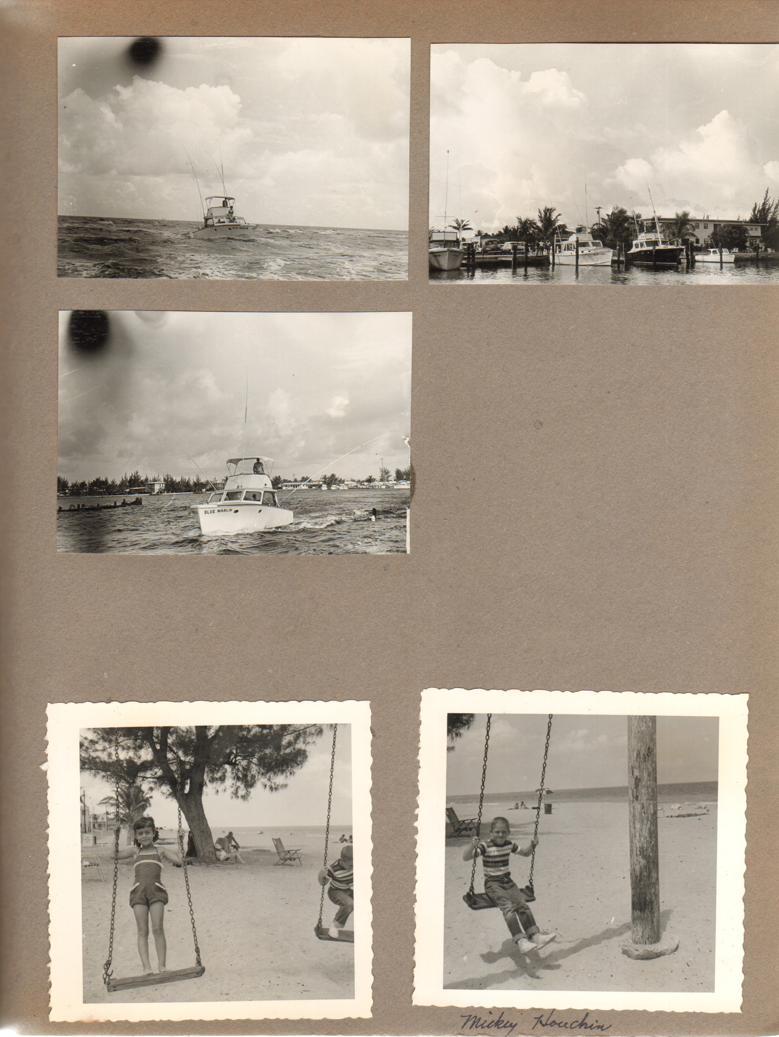 Fishing boats. Susan and Mickey Houchin on beach swings.