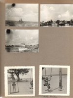 Fishing boats. Susan and Mickey Houchin on beach swings.