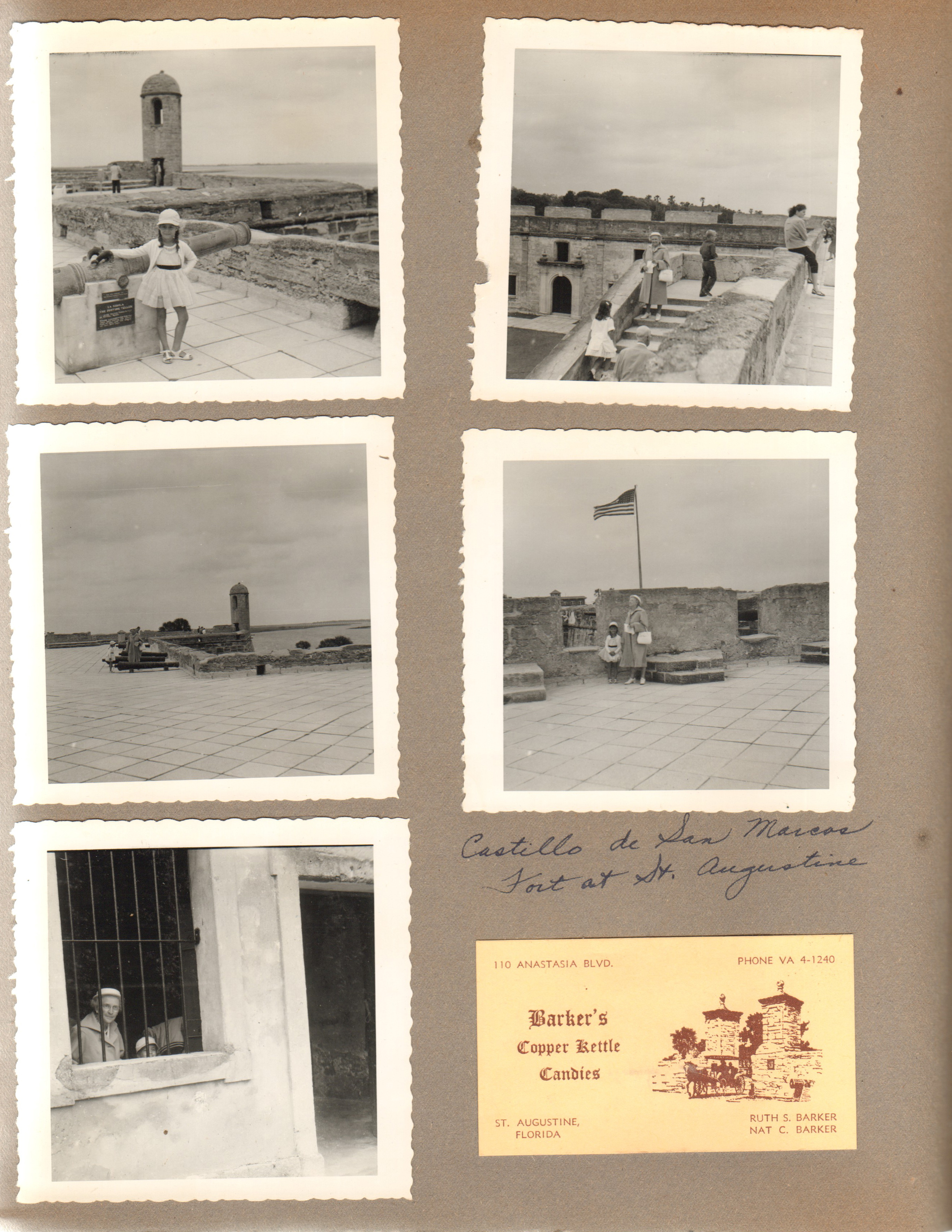 St Augustine, Florida - Castillo de San Marcos - Susan. Vonnie in old jail. Barker's Copper Kettle Candies card
