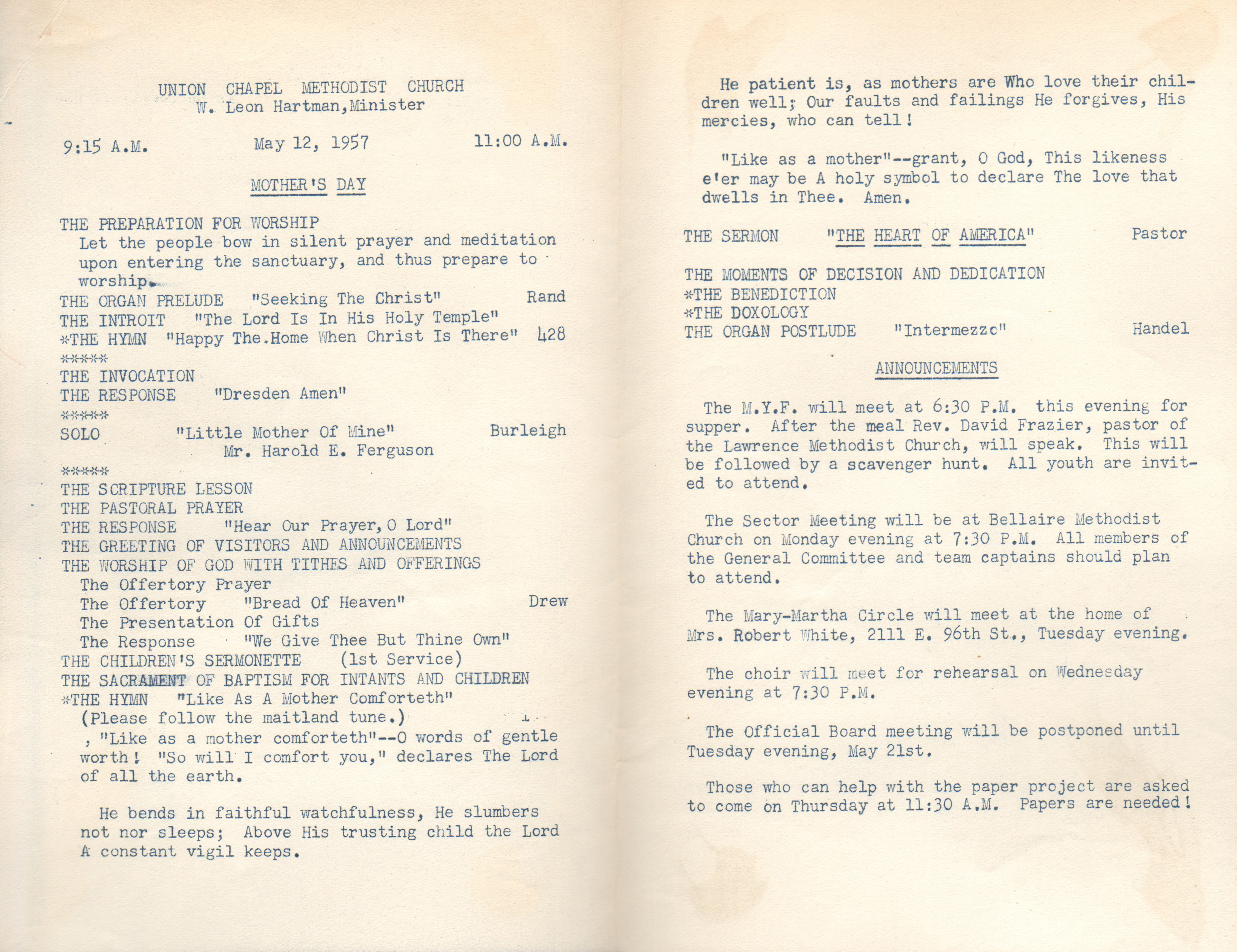 Union Chapel Methodist Church program for Eddie baptism