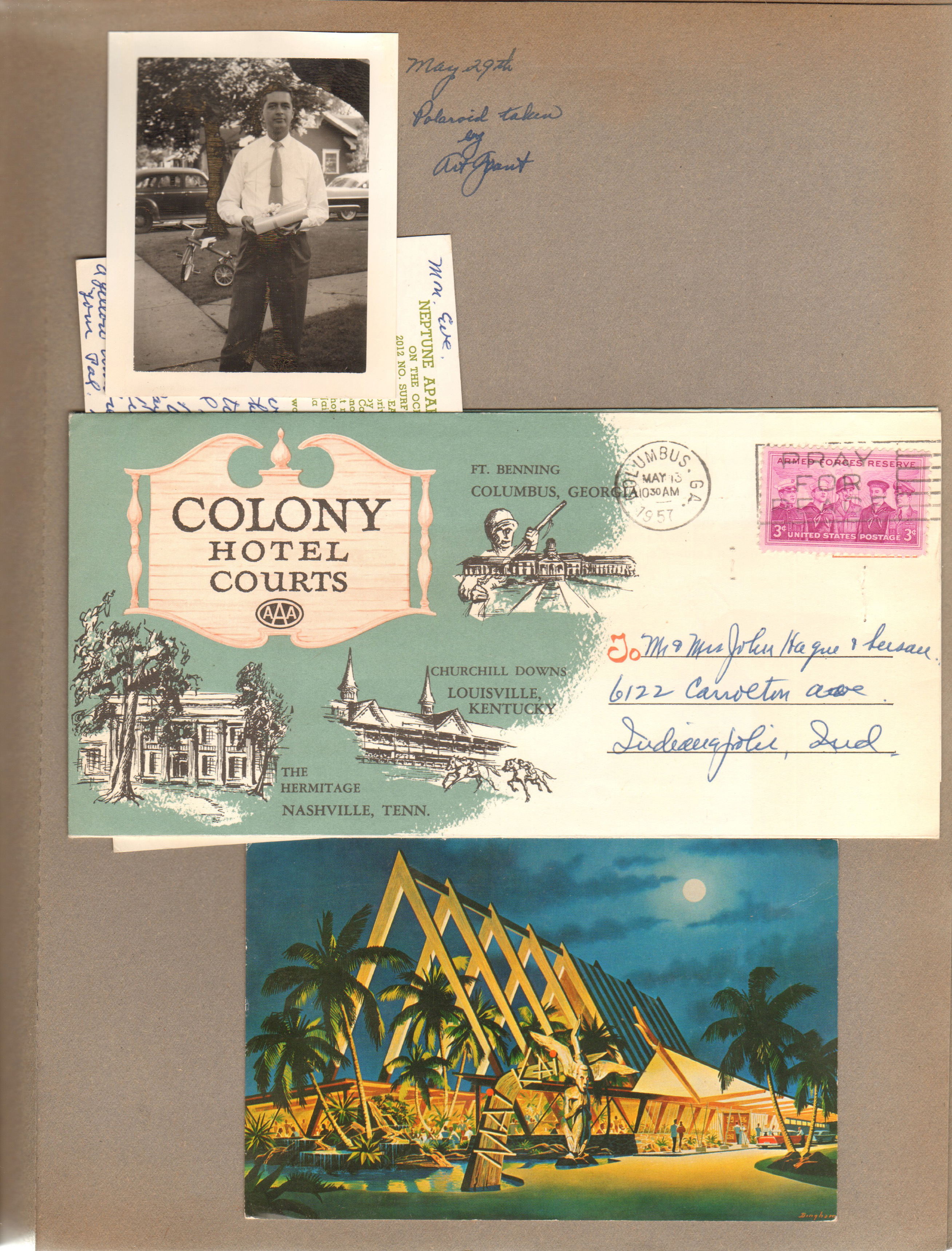 John Polaroid taken by Art Grant. Colony Hotel Courts brochure. Mai Kai Ft Lauderdale postcard