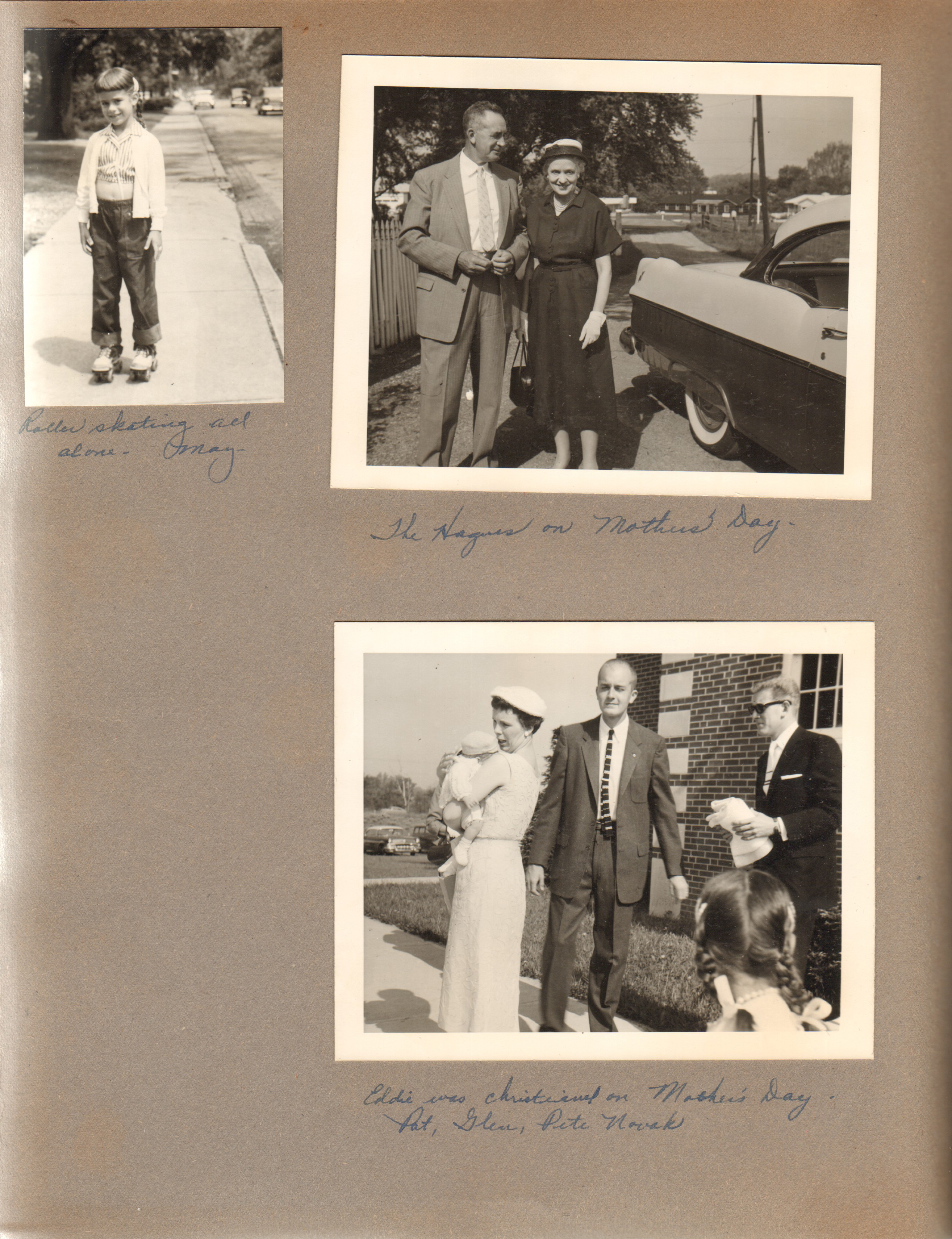 Susan roller skating. Helen and Girstle on Mother's Day/ Eddie christened - Pat, Glen, Pete Novak