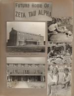 Future home of Zeta Tau Alpha. New Zeta house on Jordan. Susan outside with box of dolls. Riviera Club