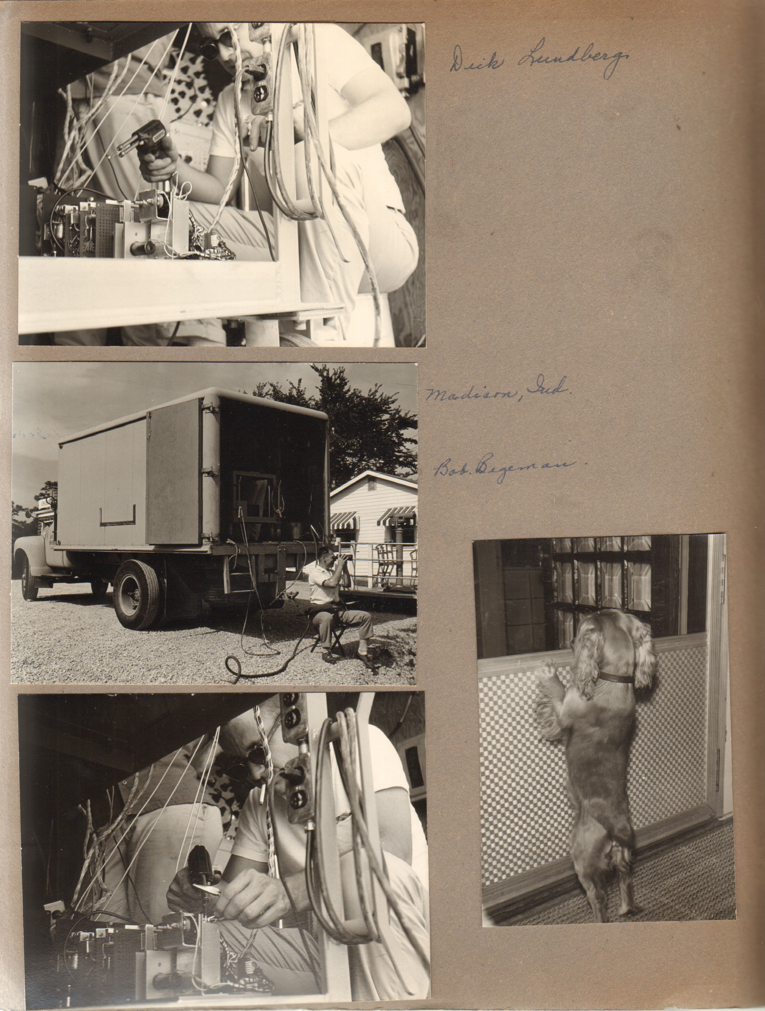 Dick Lundberg soldering. Madison Ind - Bob Begeman equipment truck. Dog on 6122 porch
