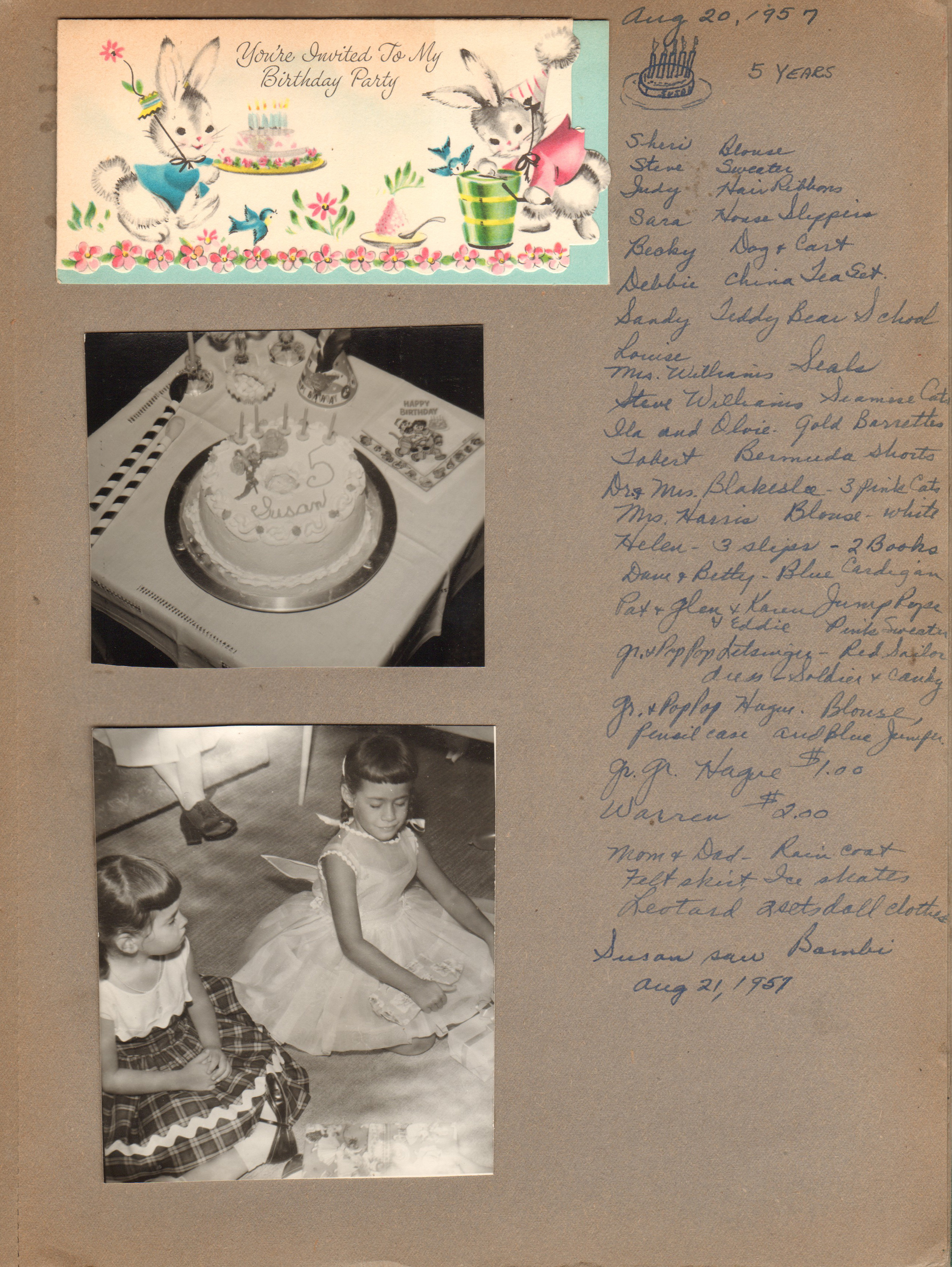 Susan's 5th birthday party. invitation, cake. List of attendees and gifts