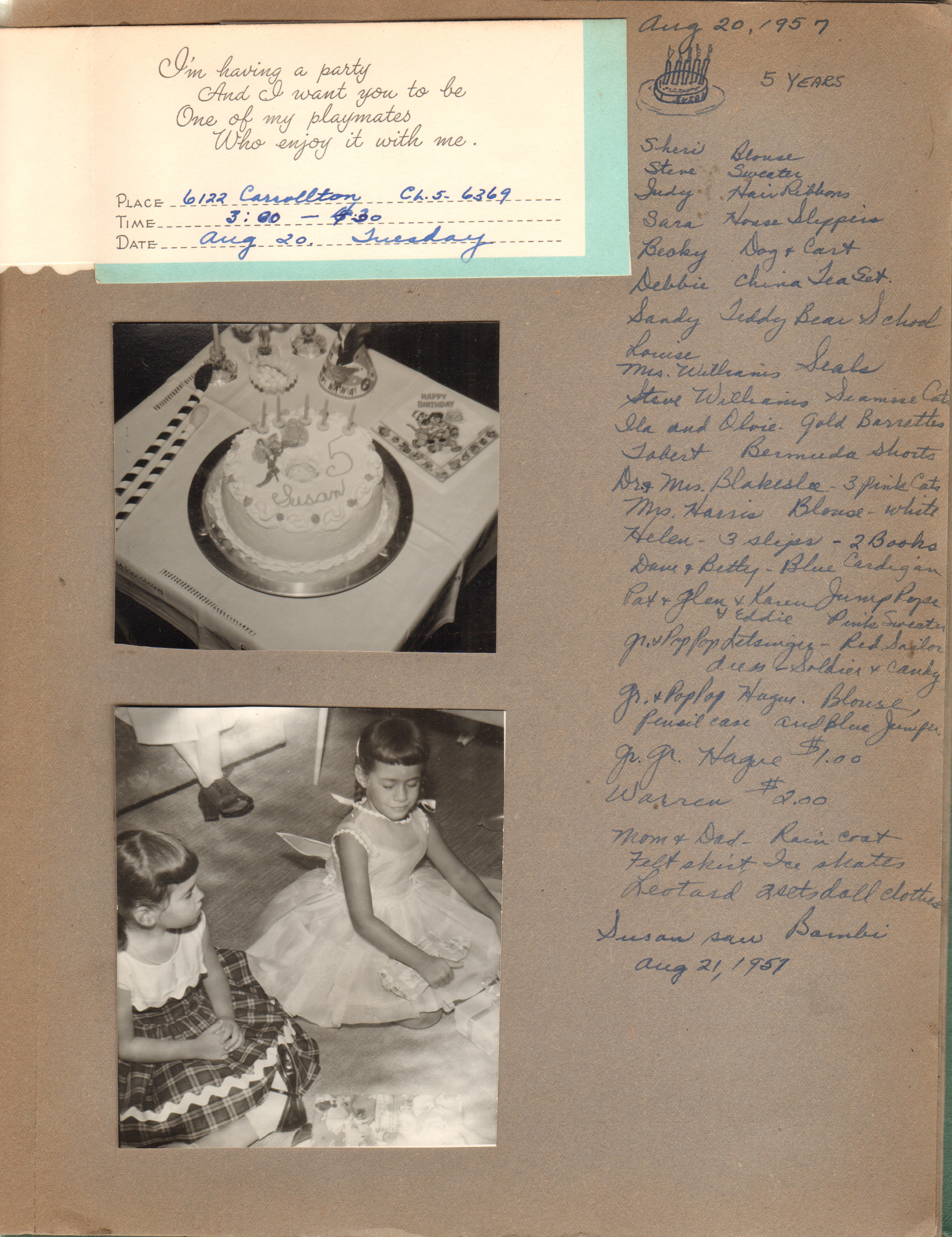 Susan's 5th birthday party. invitation, cake. List of attendees and gifts