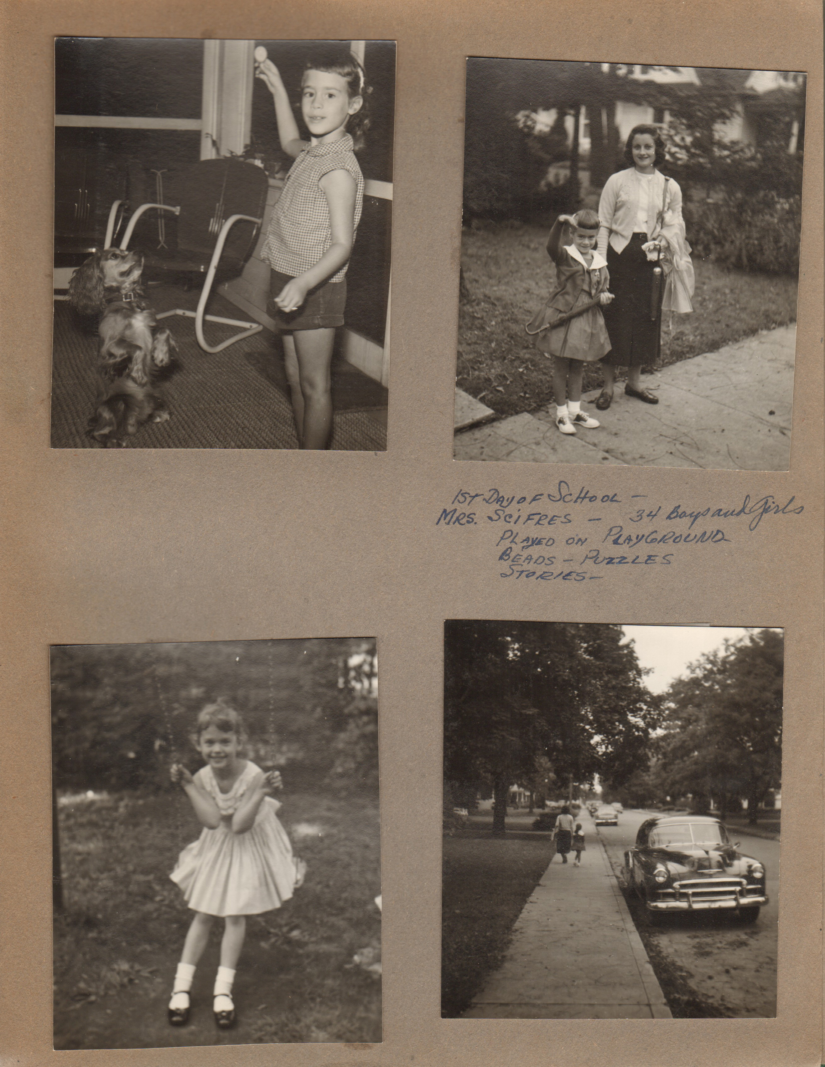 Susan's 1st day of school - dog on porch. Rosemary and Susan. Cars on street.
