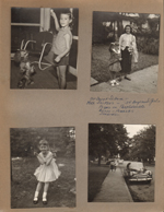 Susan's 1st day of school - dog on porch. Rosemary and Susan. Cars on street.