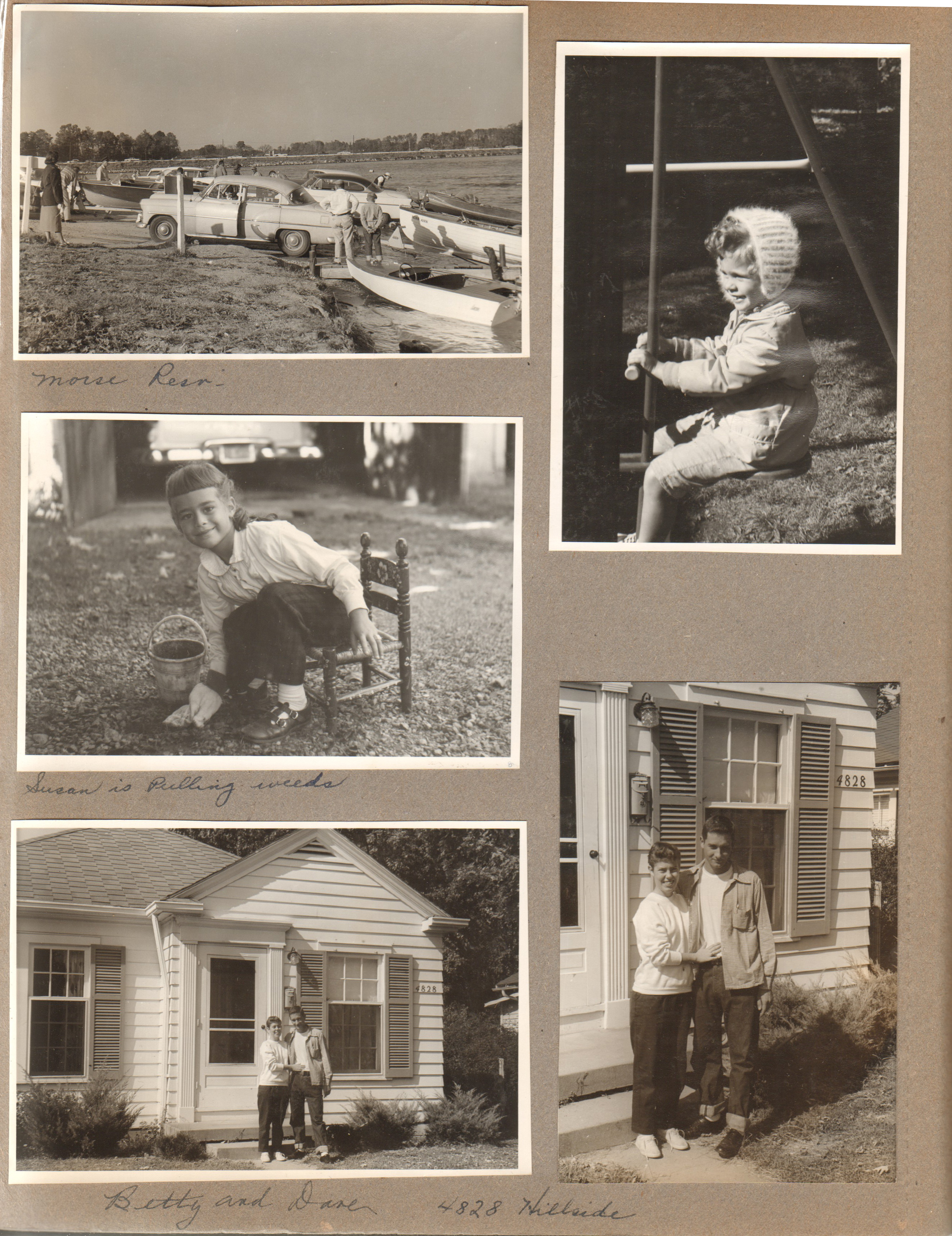 Morse Reservoir - cars and boats. Susan pulling weeds. Betty and Dave in front of house 4825 Hillside