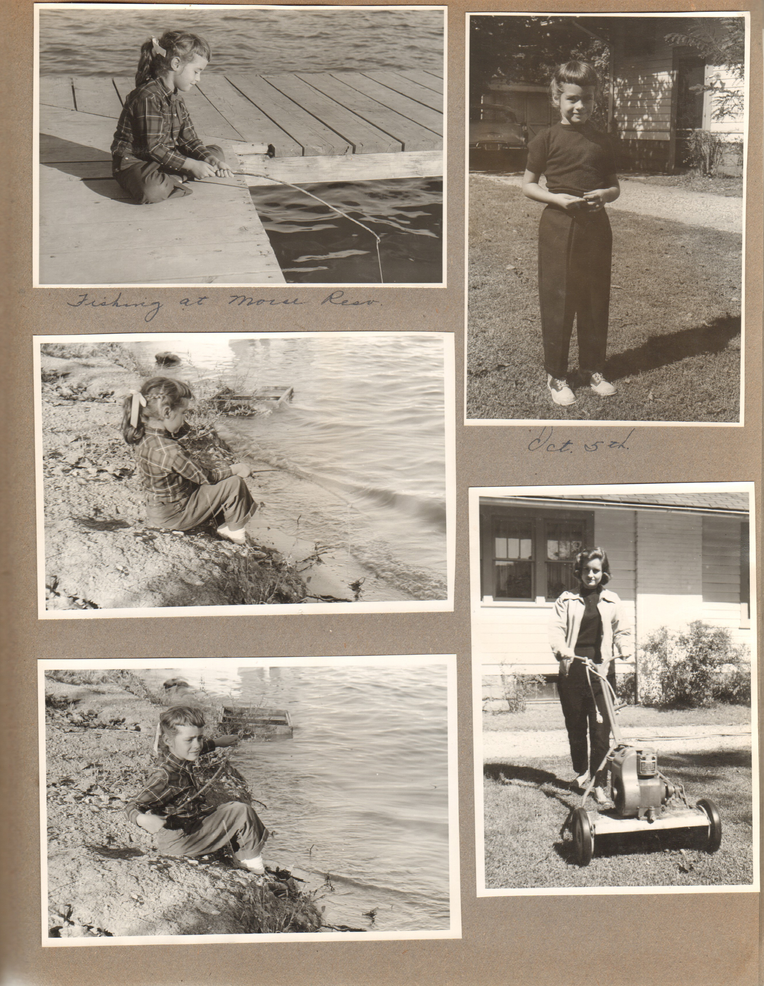 Morse Reservoir - Susan fishing. Rosemary cutting grass 6122