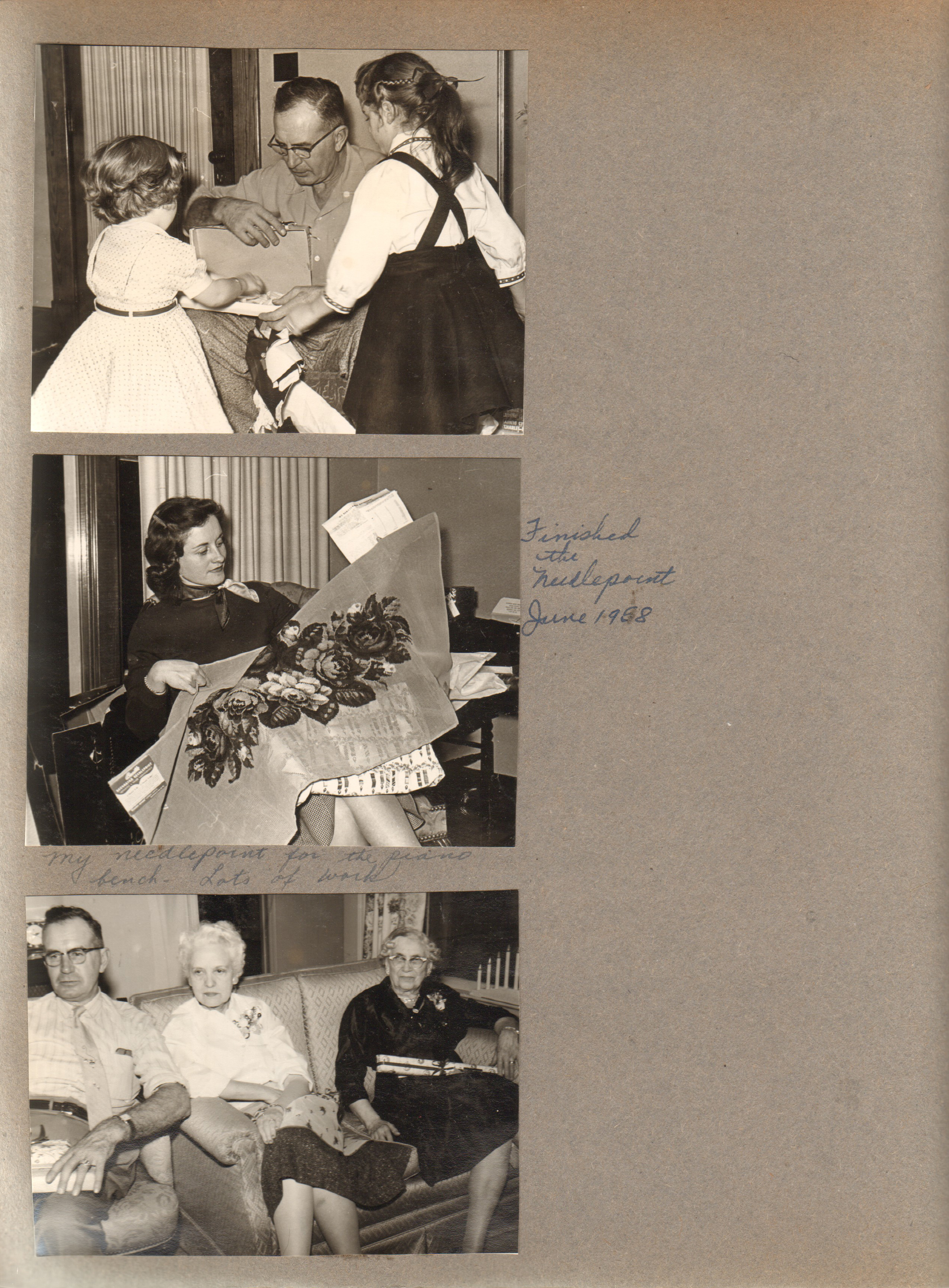 8815 Haverstick - Girstle, Karen and Susan. Rosemary needlepoint for piano bench. Girstle, Helen and ????