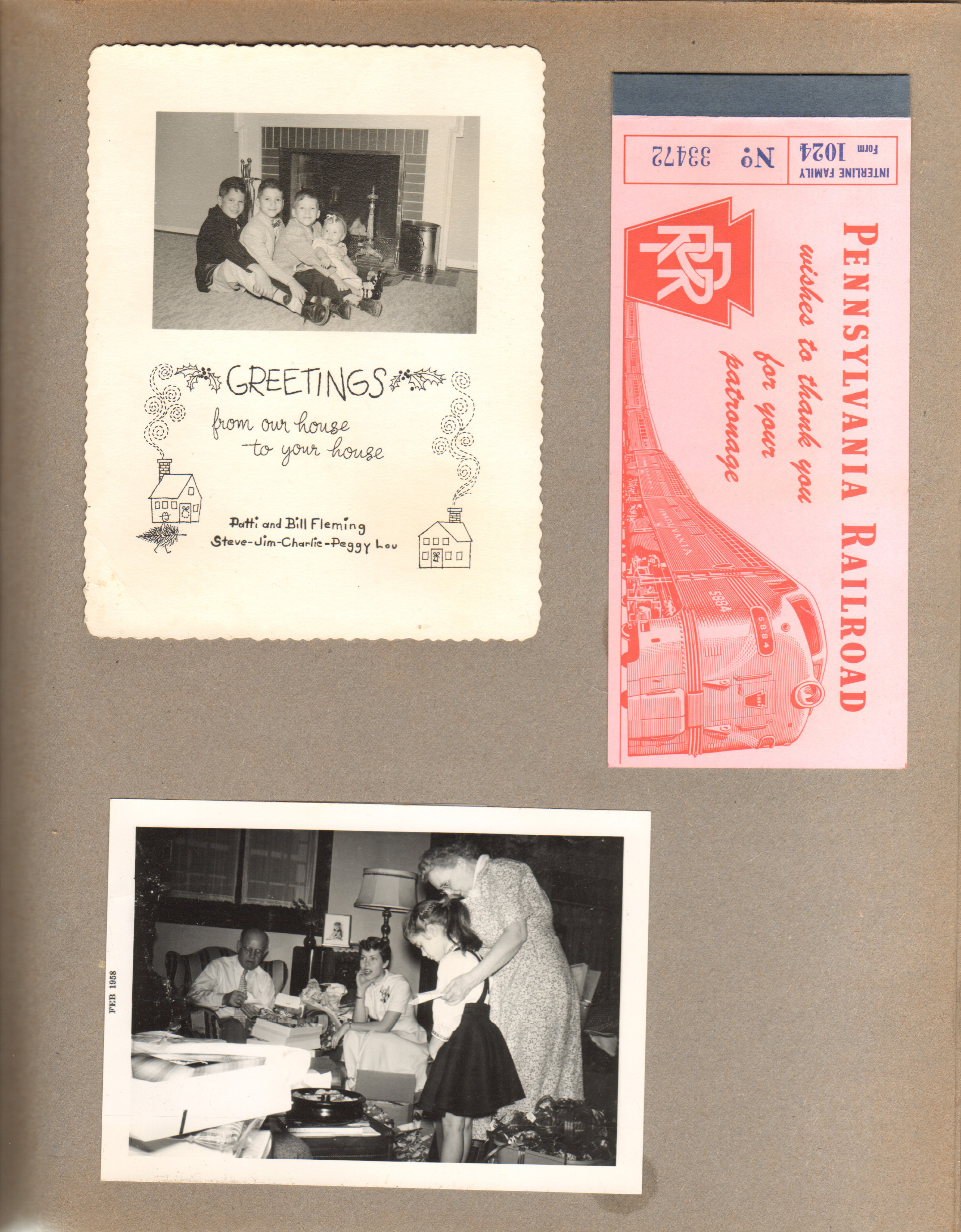 Christmas Card Patti and Bill Fleming. 3845 Capitol - Curt, Betty, Susan, Vonnie. Pennsylvania Railroad ticket