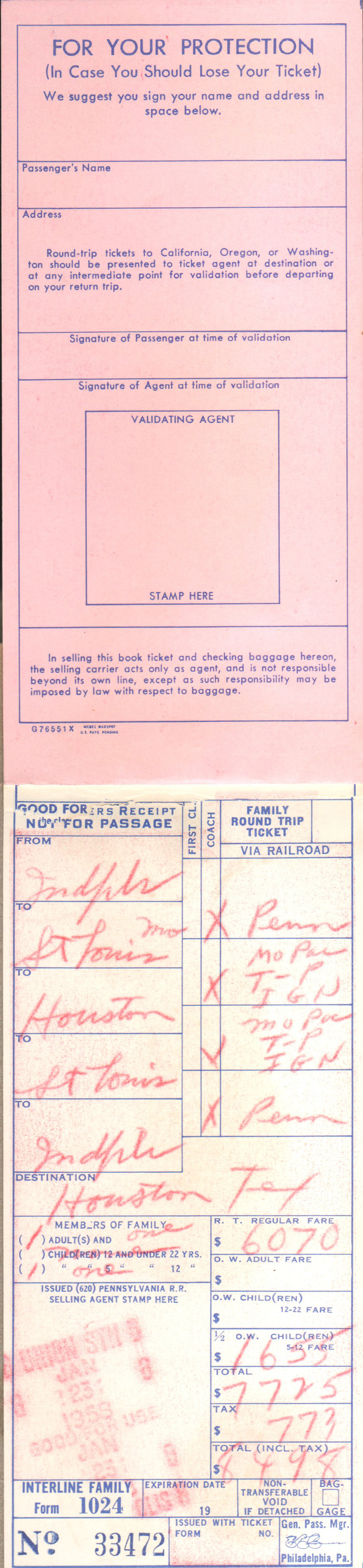 Pennsylvania Railroad ticket - Indpls to Houston