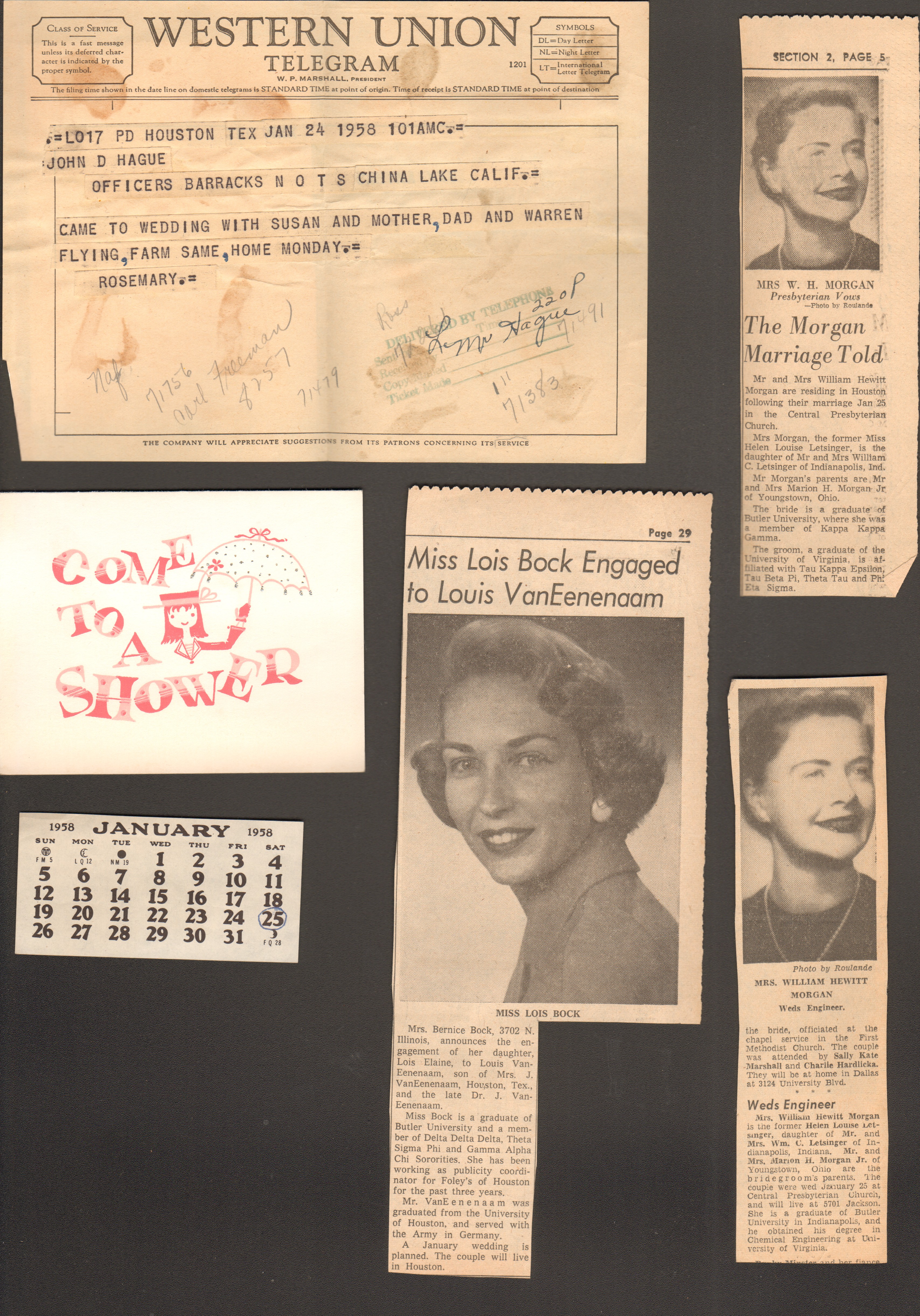 Western Union telegram Rosemary to John. Helen Morgan announcement. Lois Bock engaged.