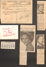 Western Union telegram Rosemary to John. Helen Morgan announcement. Lois Bock engaged.