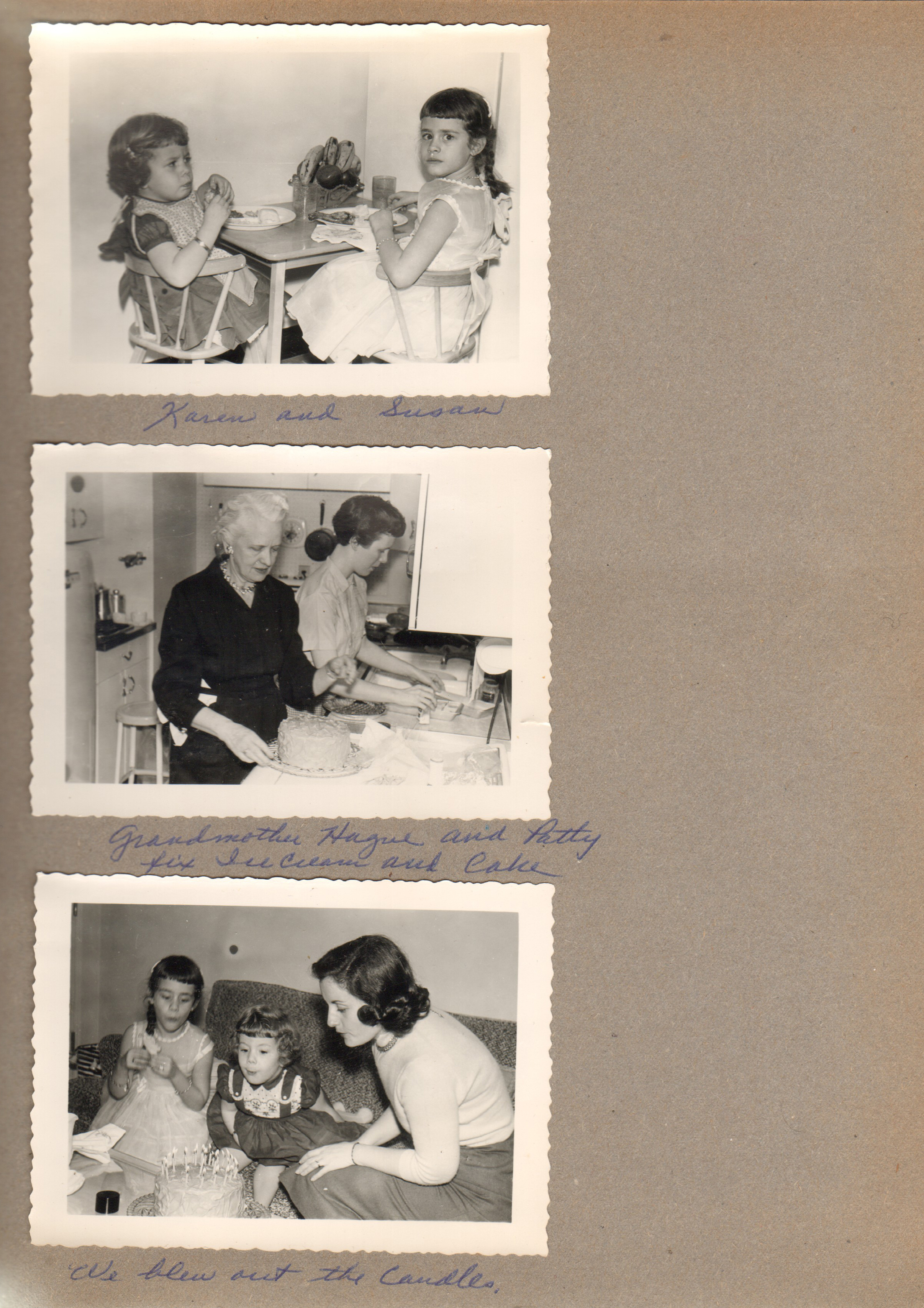 Karen and Susan. Helen Hague and Patty fix ice cream and cake. Susan Karen Rosemary blow out the candles