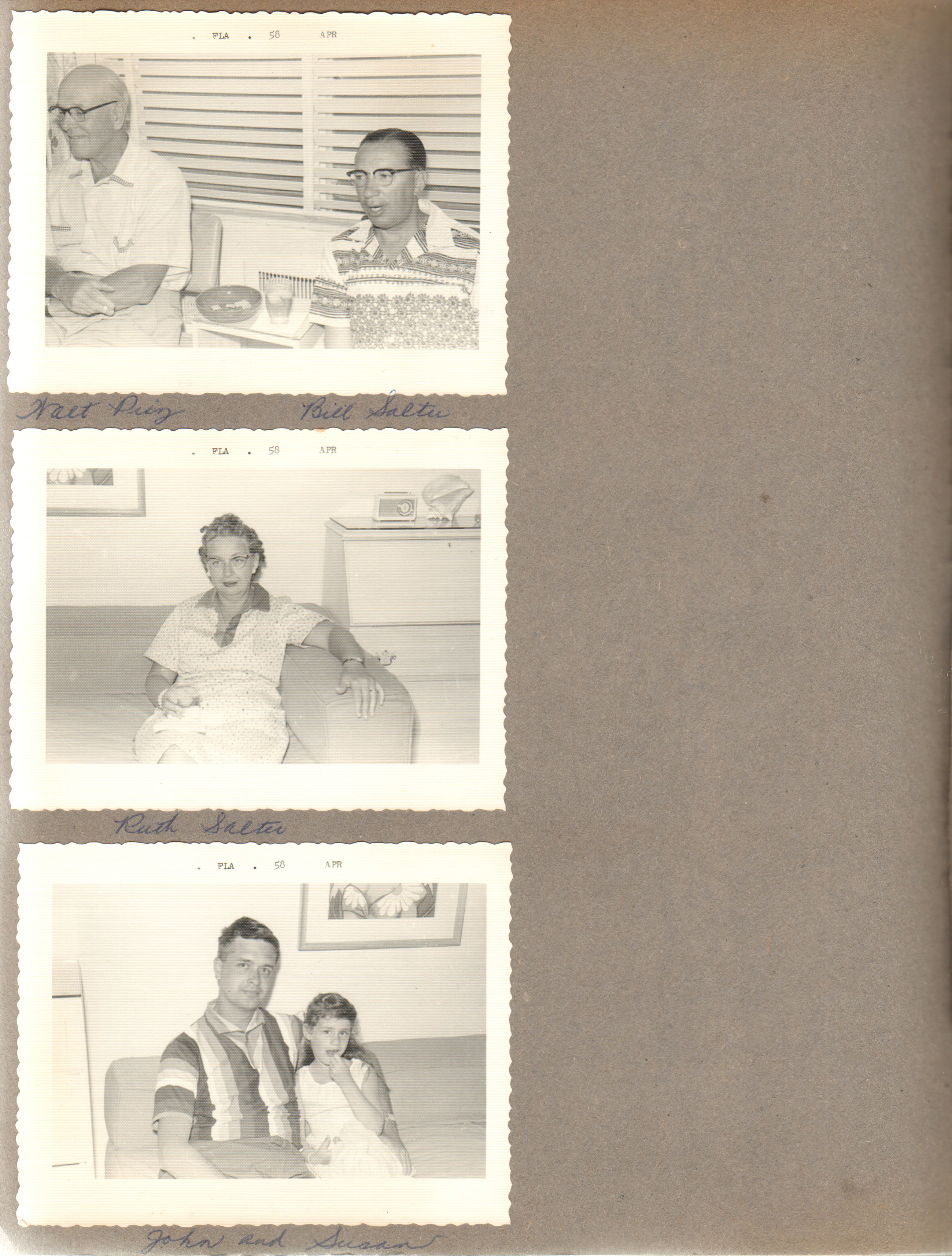 Florida - Hollywood Beach - Neptune - Walt Priz? Bill Salter. Ruth Salter inside apartment. John Susan
